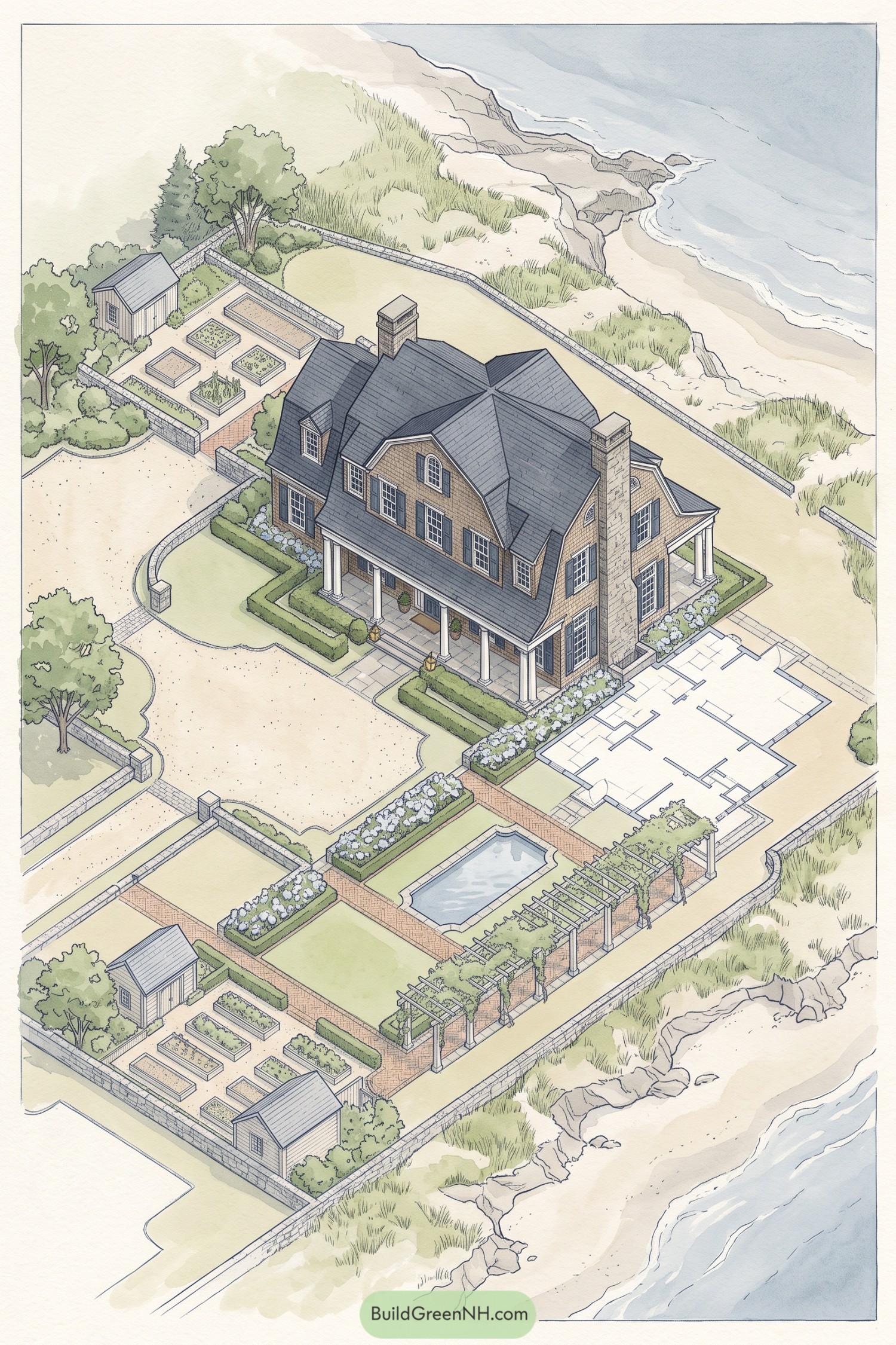 Coastal estate garden with pool pergola and kitchen beds