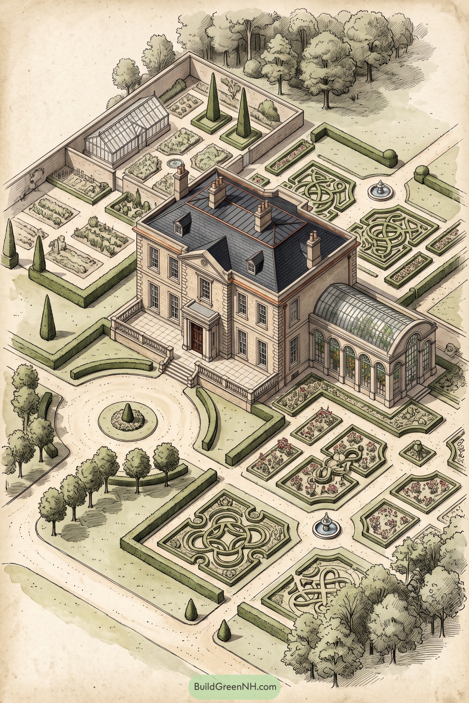 Formal estate garden with parterres fountains and glasshouse