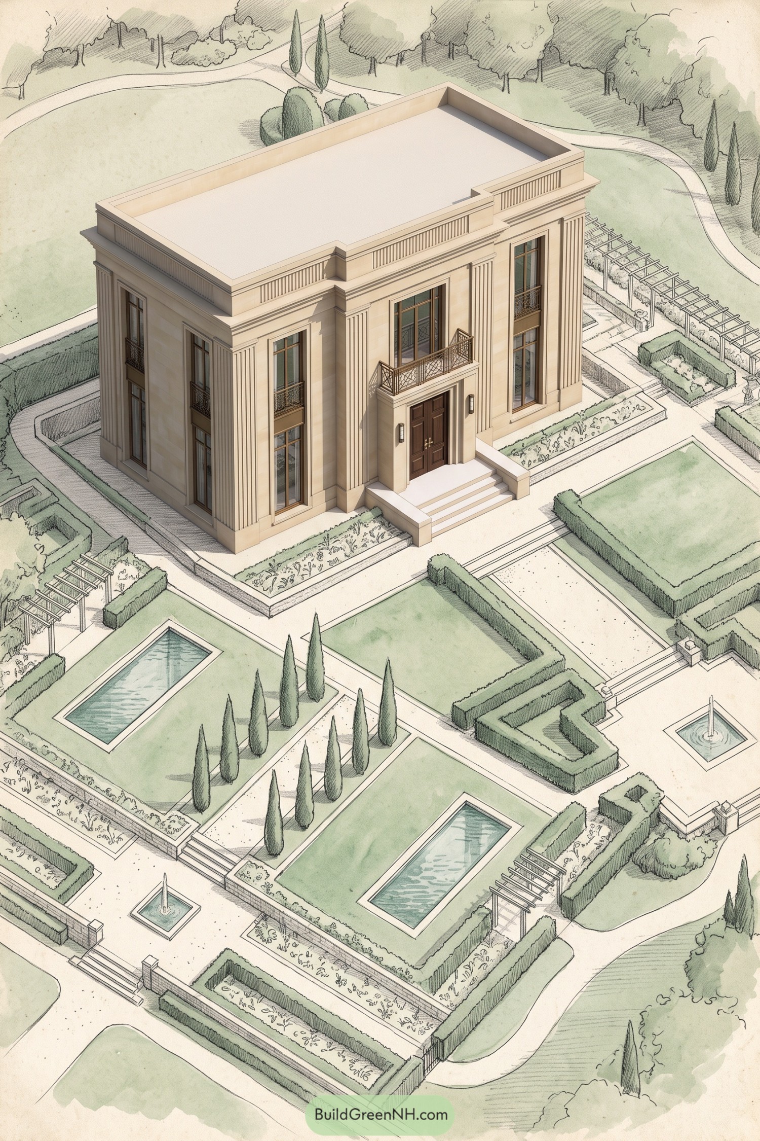 Formal garden court with a stone pavilion, cypress allees, rectangular pools, and clipped hedges