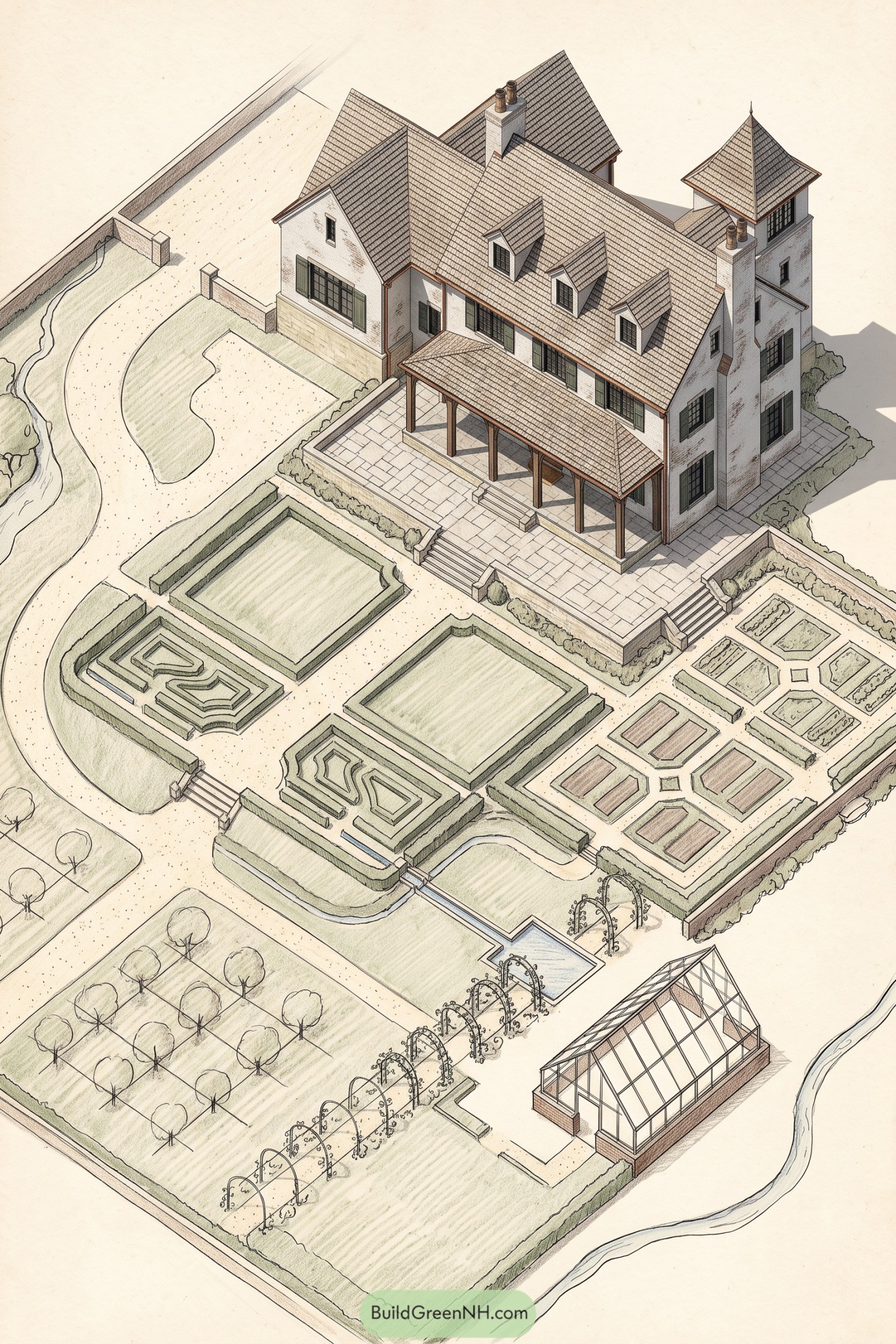 Formal estate garden with terraces orchard greenhouse and kitchen beds