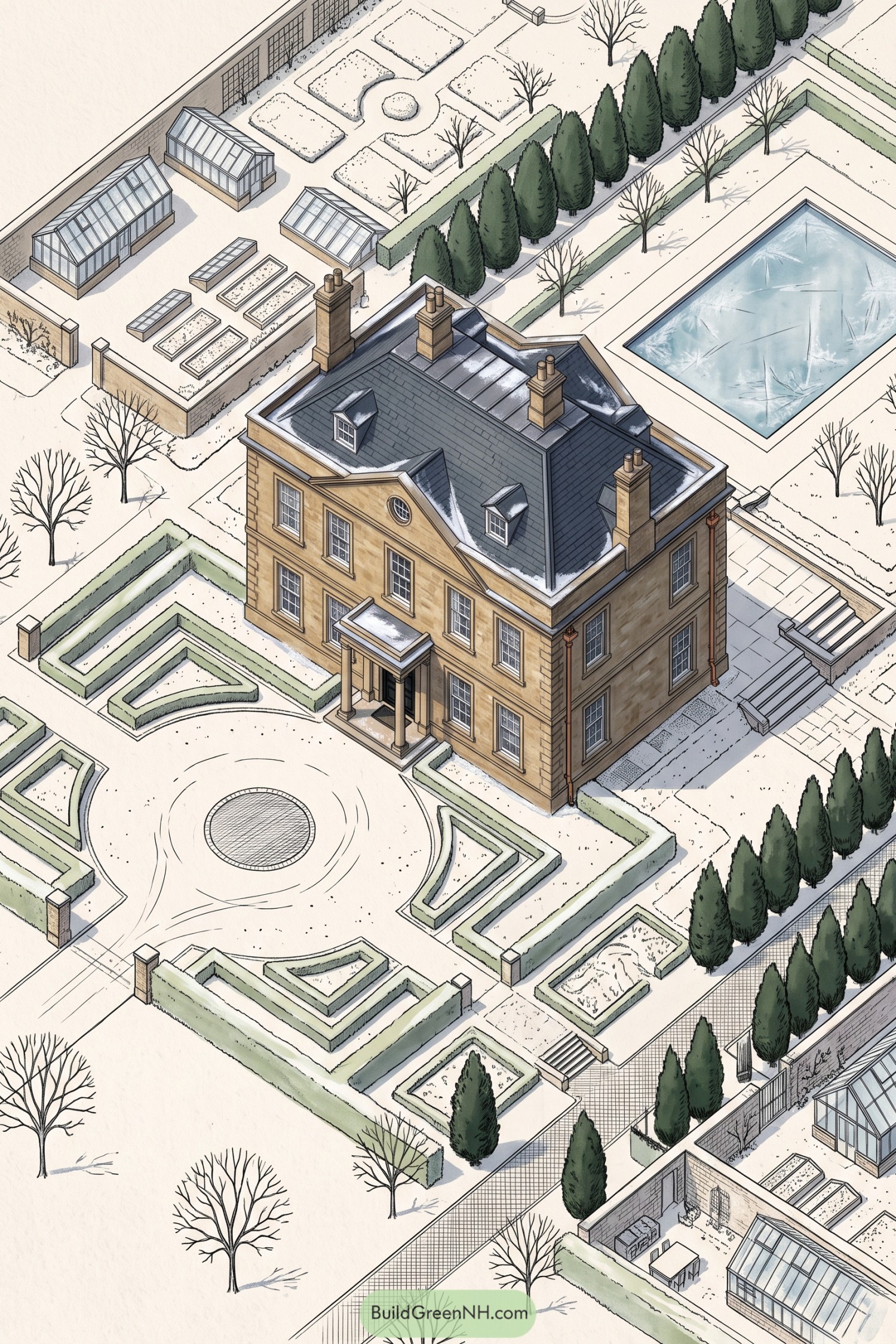 Formal estate garden with clipped hedges glasshouses and a rectangular pool