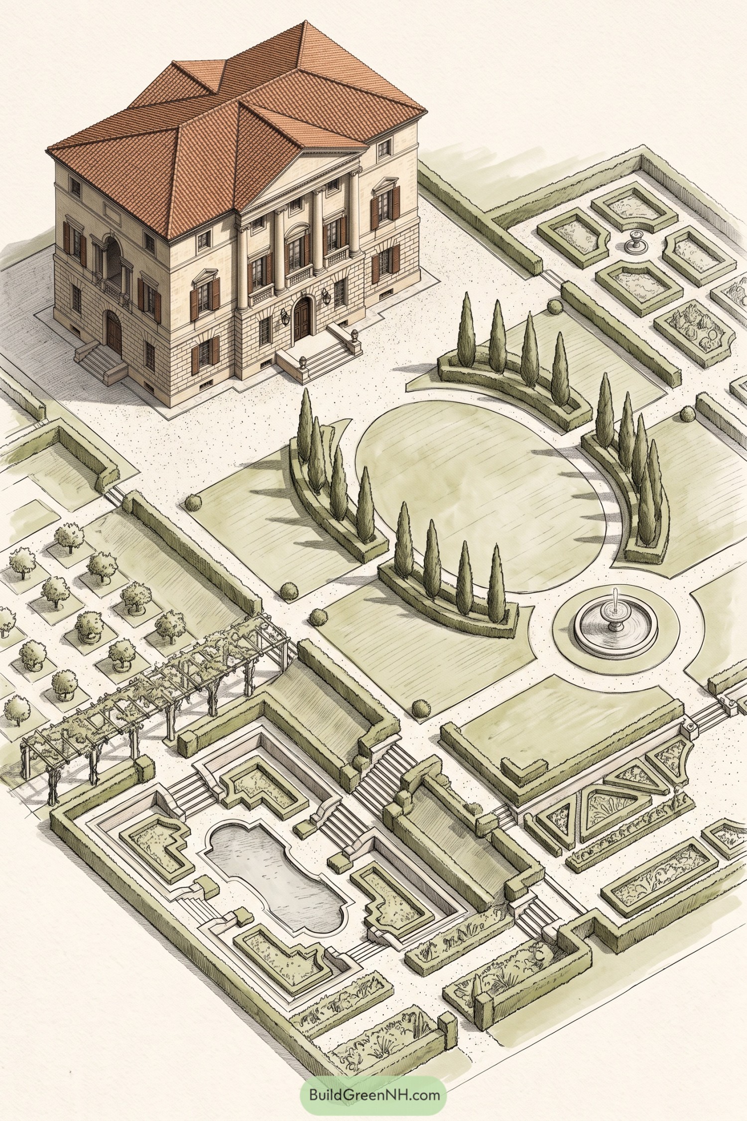 Formal Italianate garden with cypress allees fountains and sunken pools