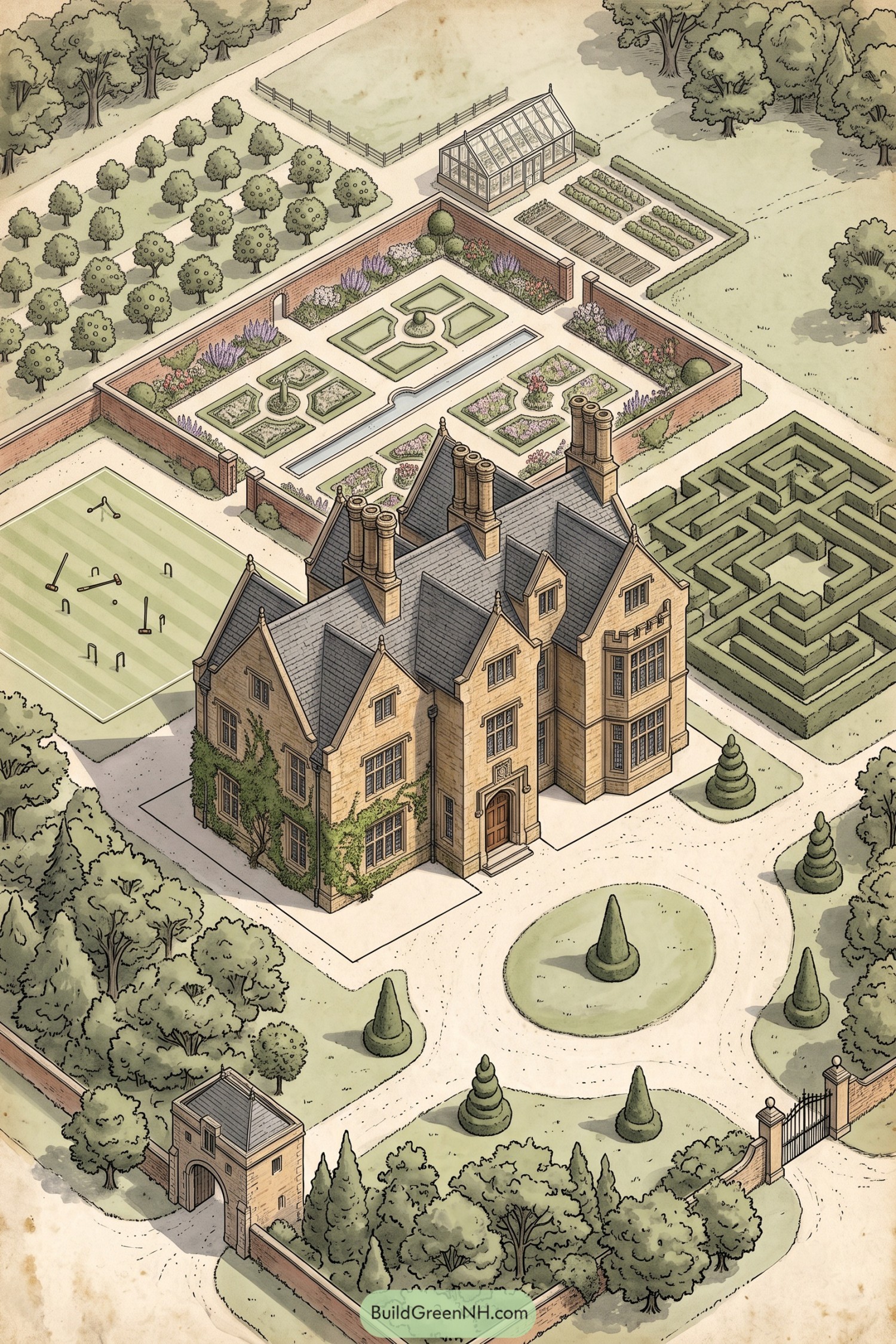A brick manor with formal gardens greenhouse orchard maze and croquet lawn