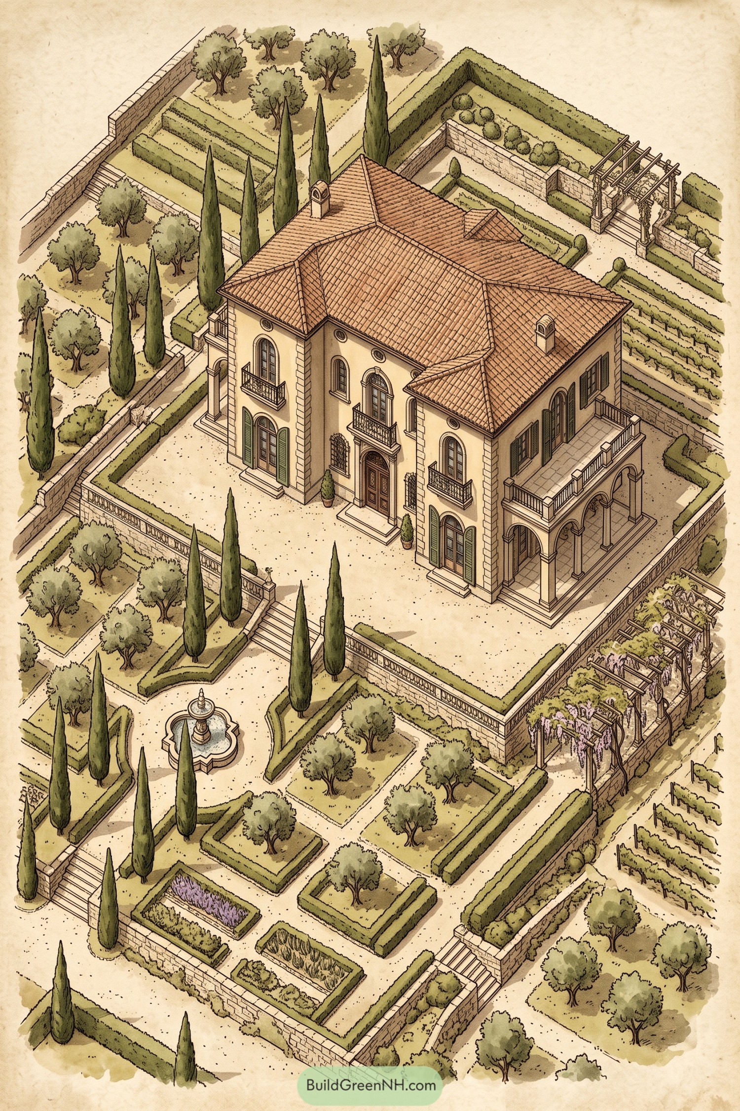 Italianate villa garden with cypress allees fountain and vine pergolas