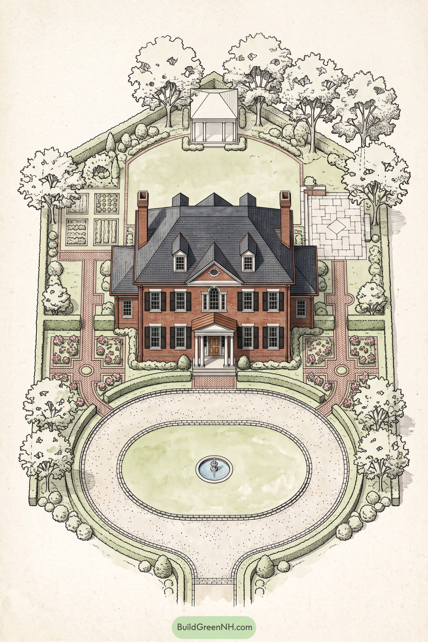 Formal brick estate garden with oval fountain court and pavilion