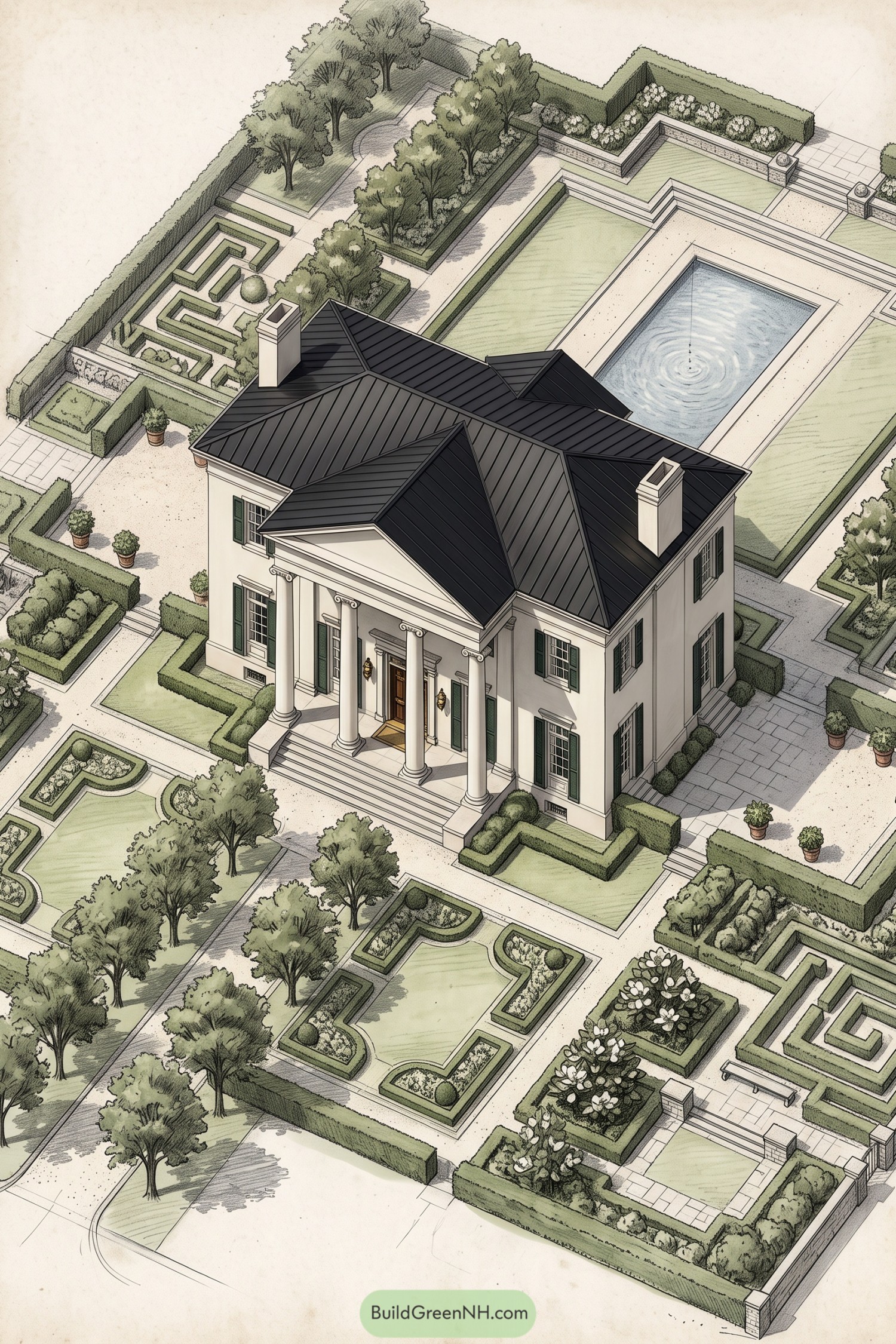Formal estate garden with geometric hedges and pool