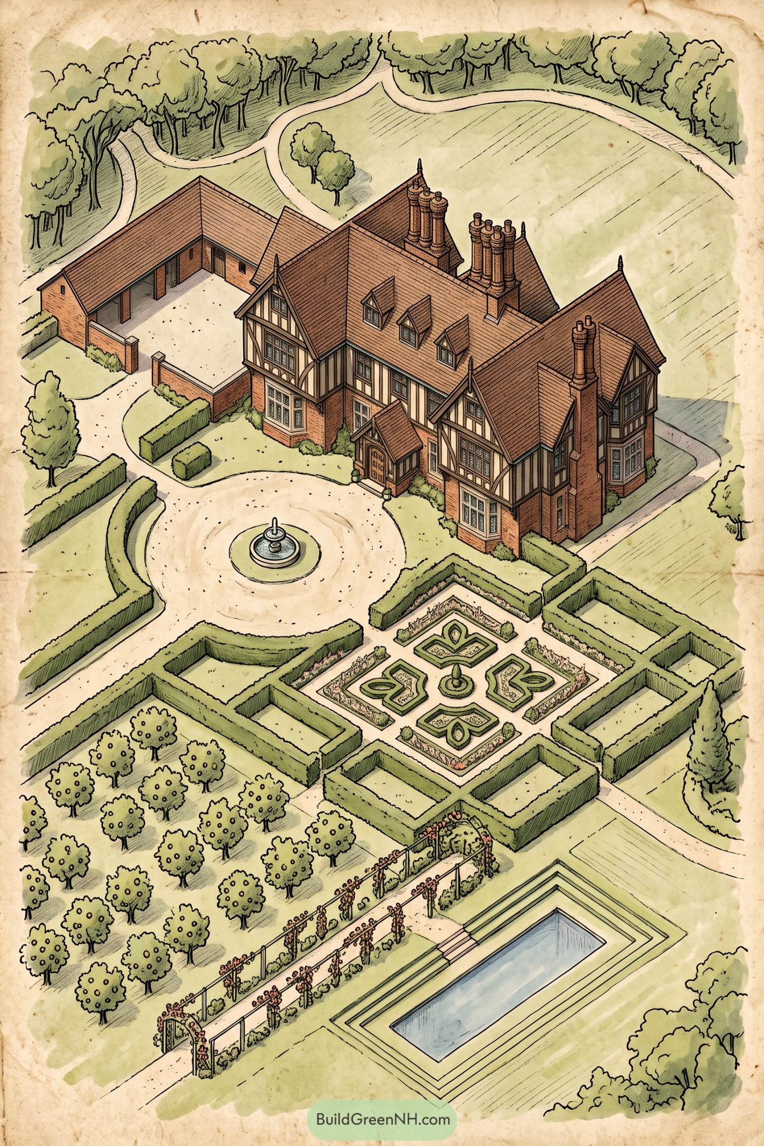 Tudor manor garden with parterre orchard and pool