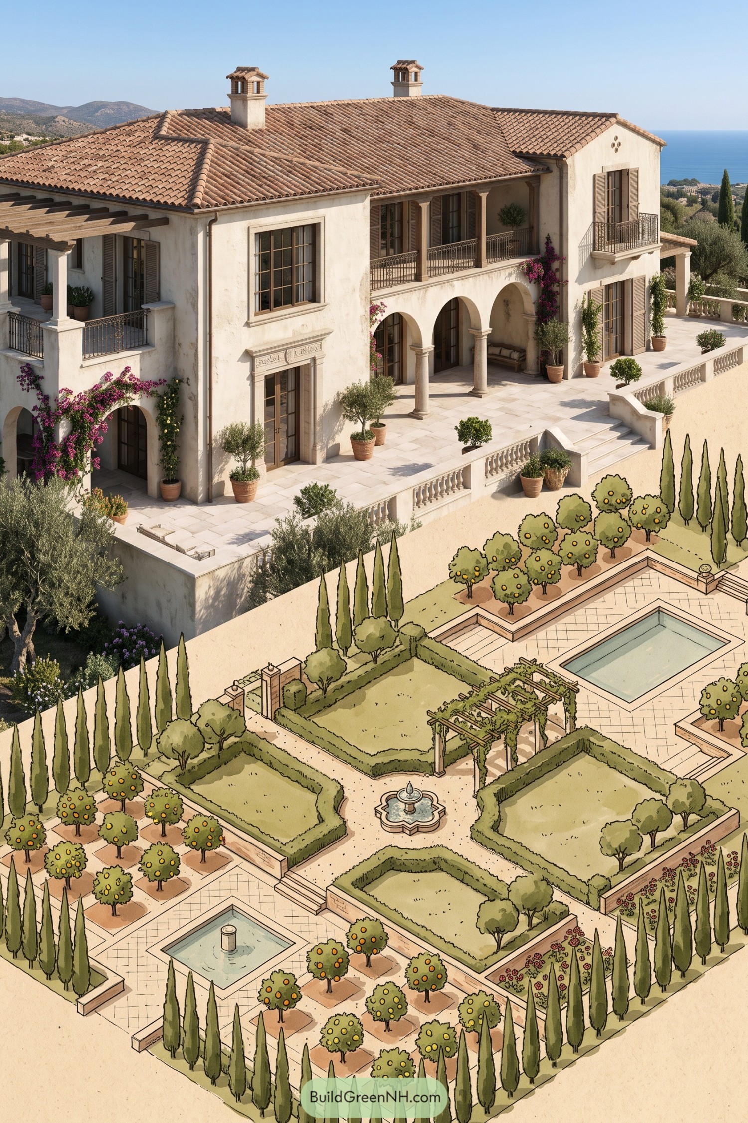 Terraced villa garden with citrus trees pools and pergola