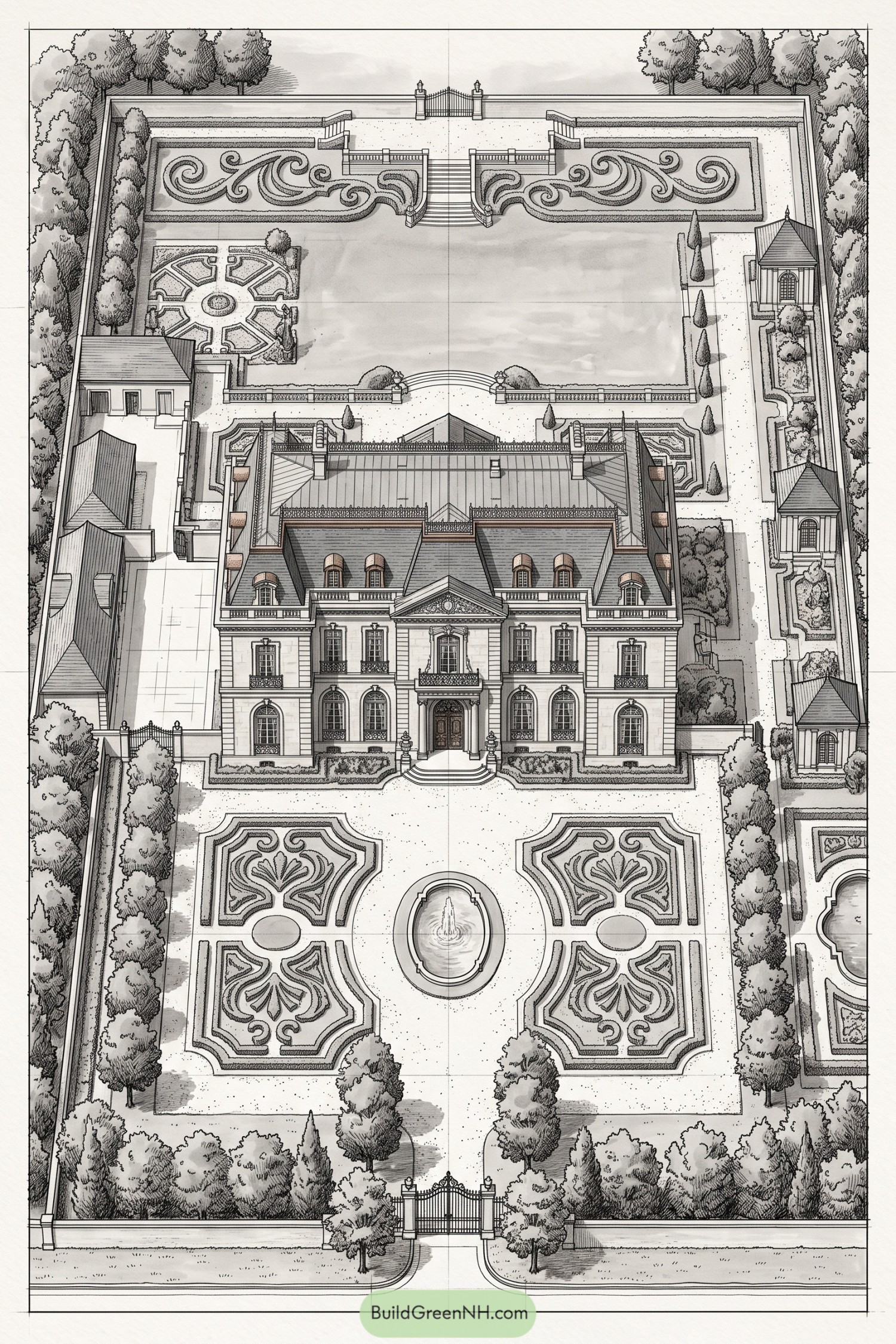 Formal estate garden with fountain parterres and pavilions