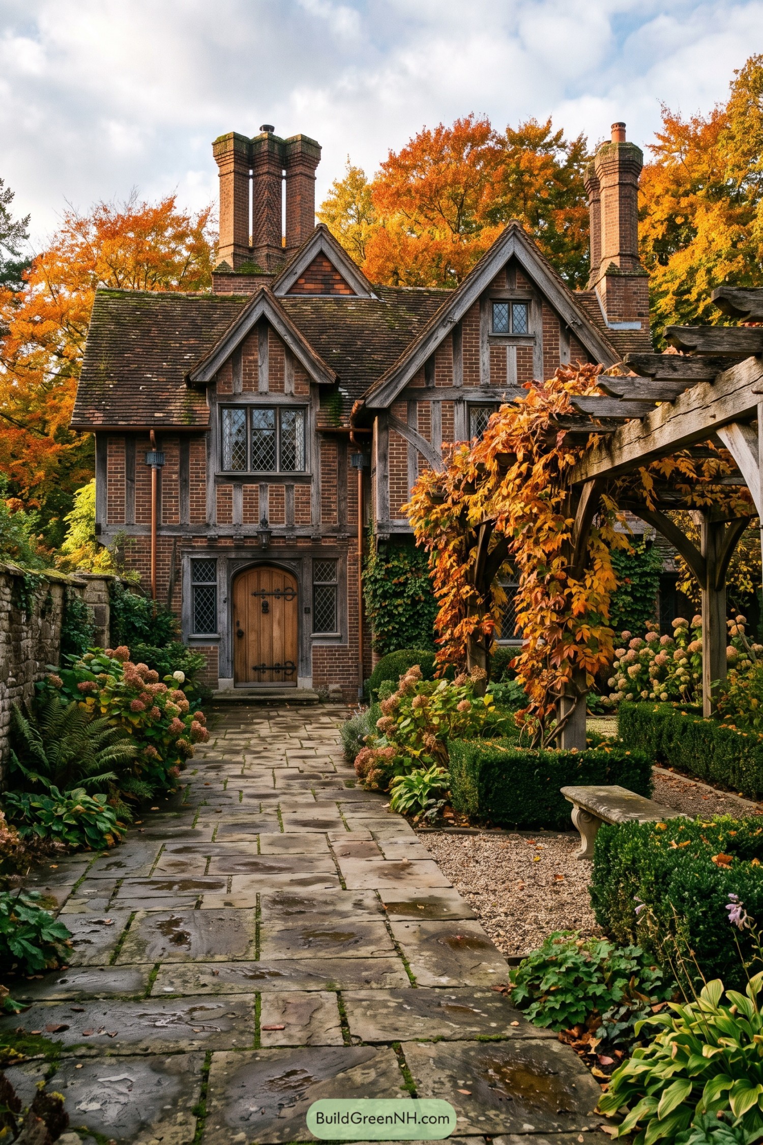 Stone path leading through a leafy pergola courtyard beside a Tudor brick home