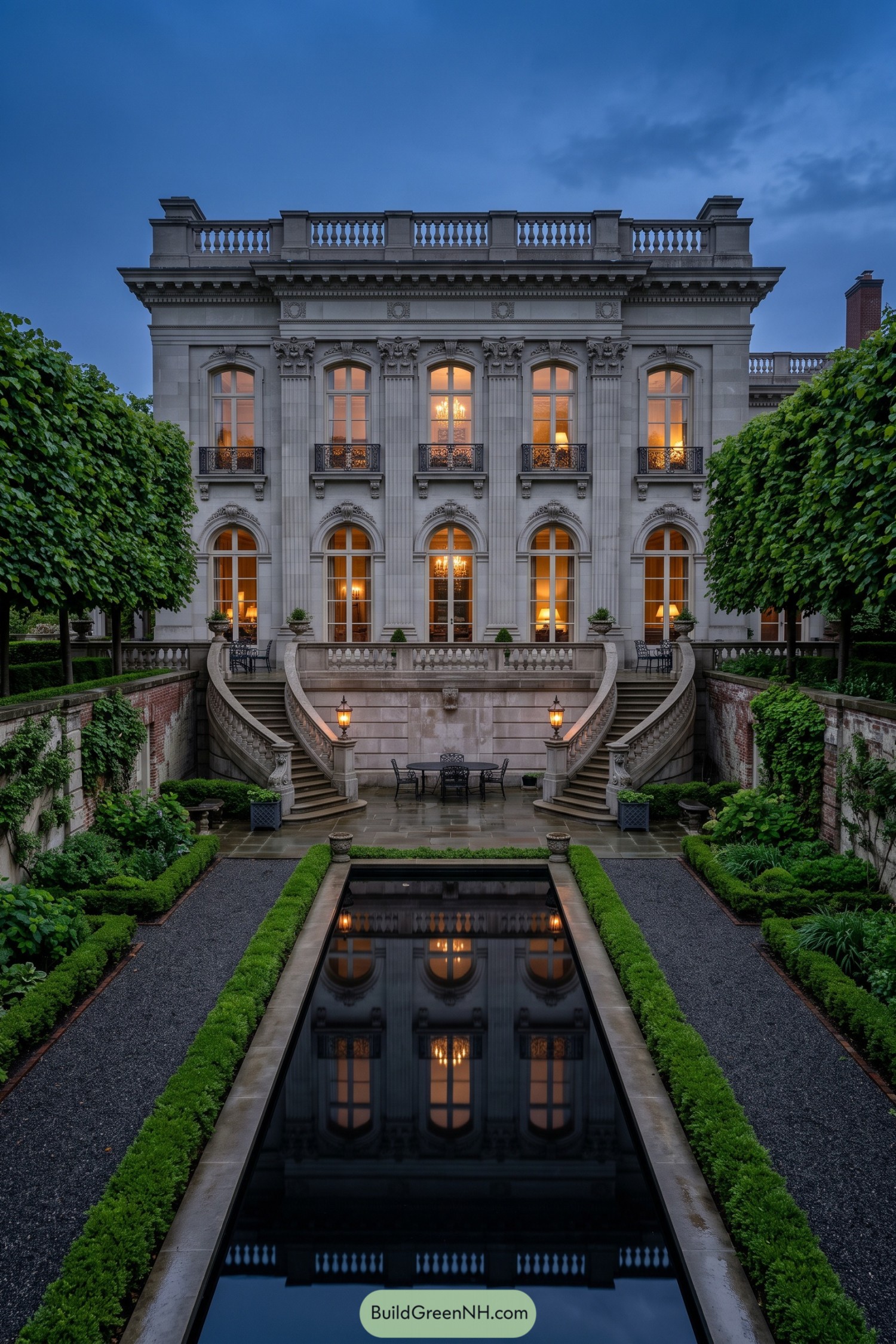 Sunken courtyard with reflecting pool and twin stone staircases