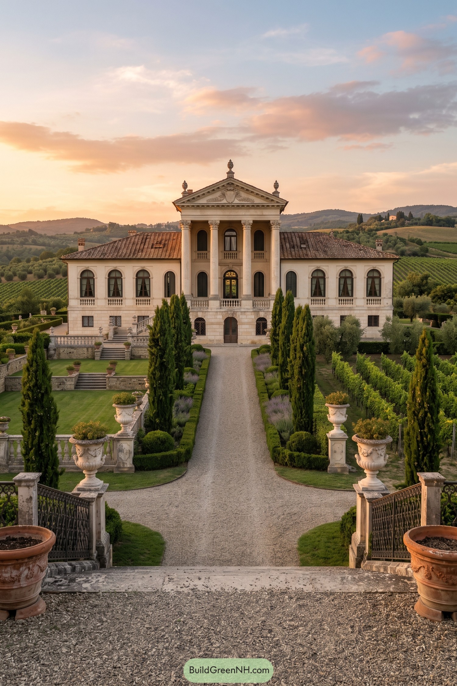 Gravel allée with cypress trees leading to an Italian villa
