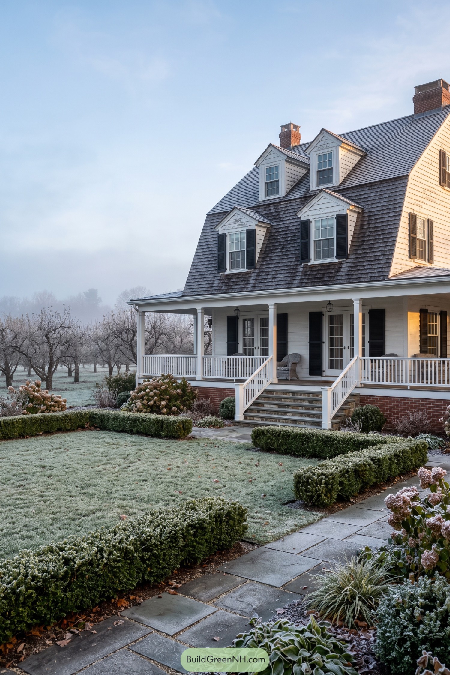 Boxwood-edged stone path beside a frosted colonial porch and orchard