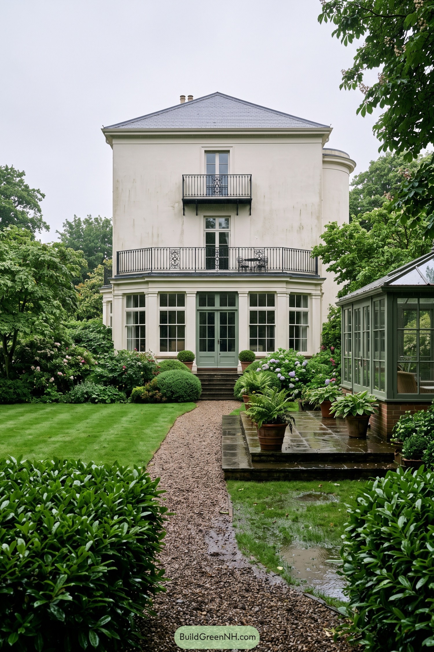 Gravel walk leading past an orangery and manicured garden to a stately villa
