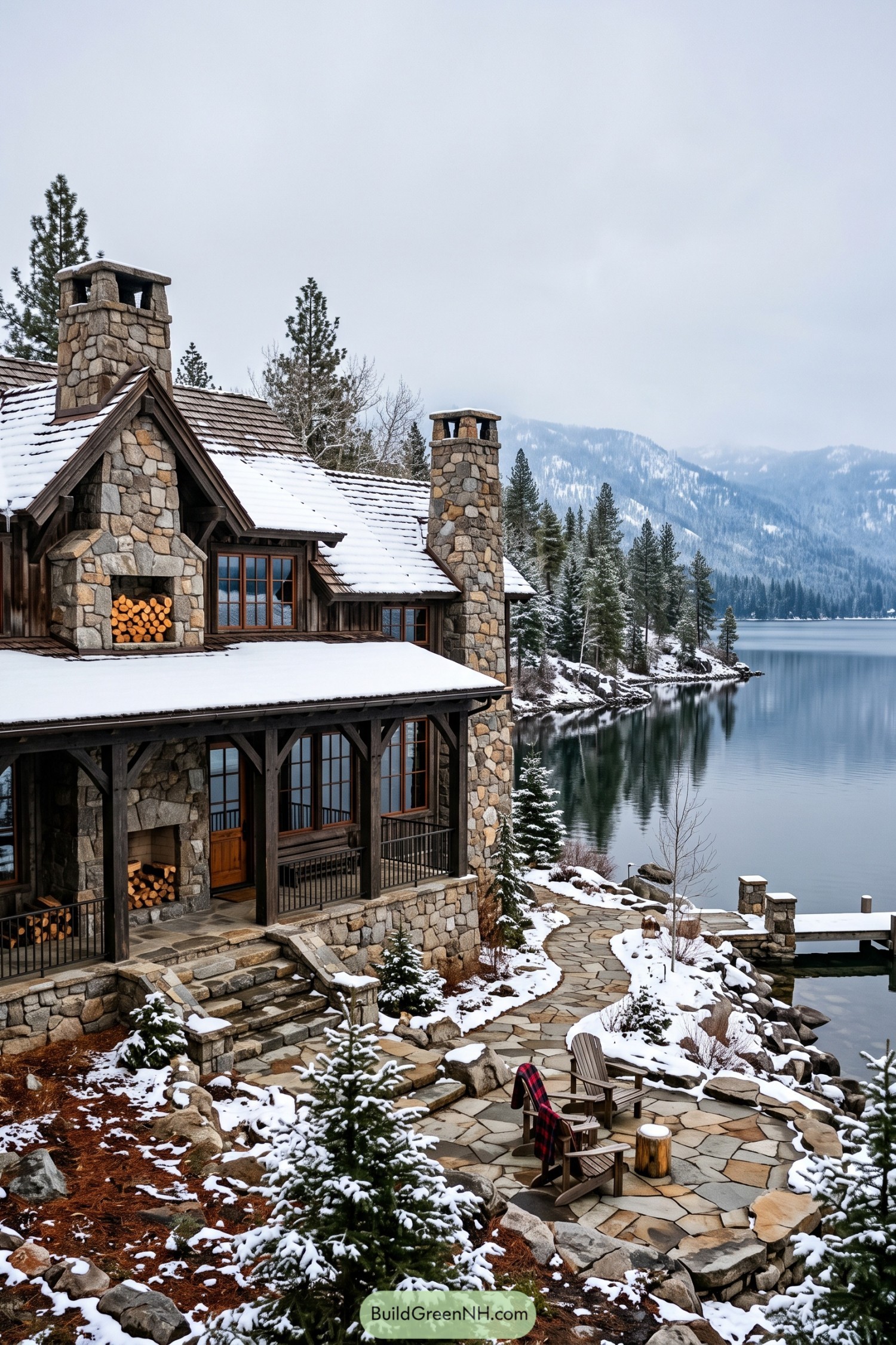 Stone terrace with Adirondack chairs beside a snowy mountain lake lodge