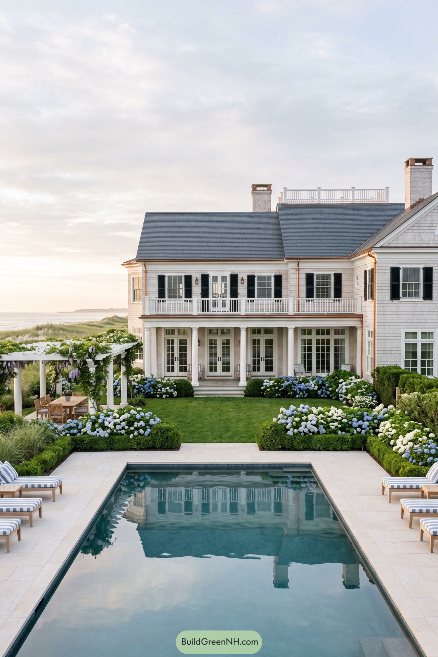 Coastal shingle home with a rectangular pool and hydrangea garden