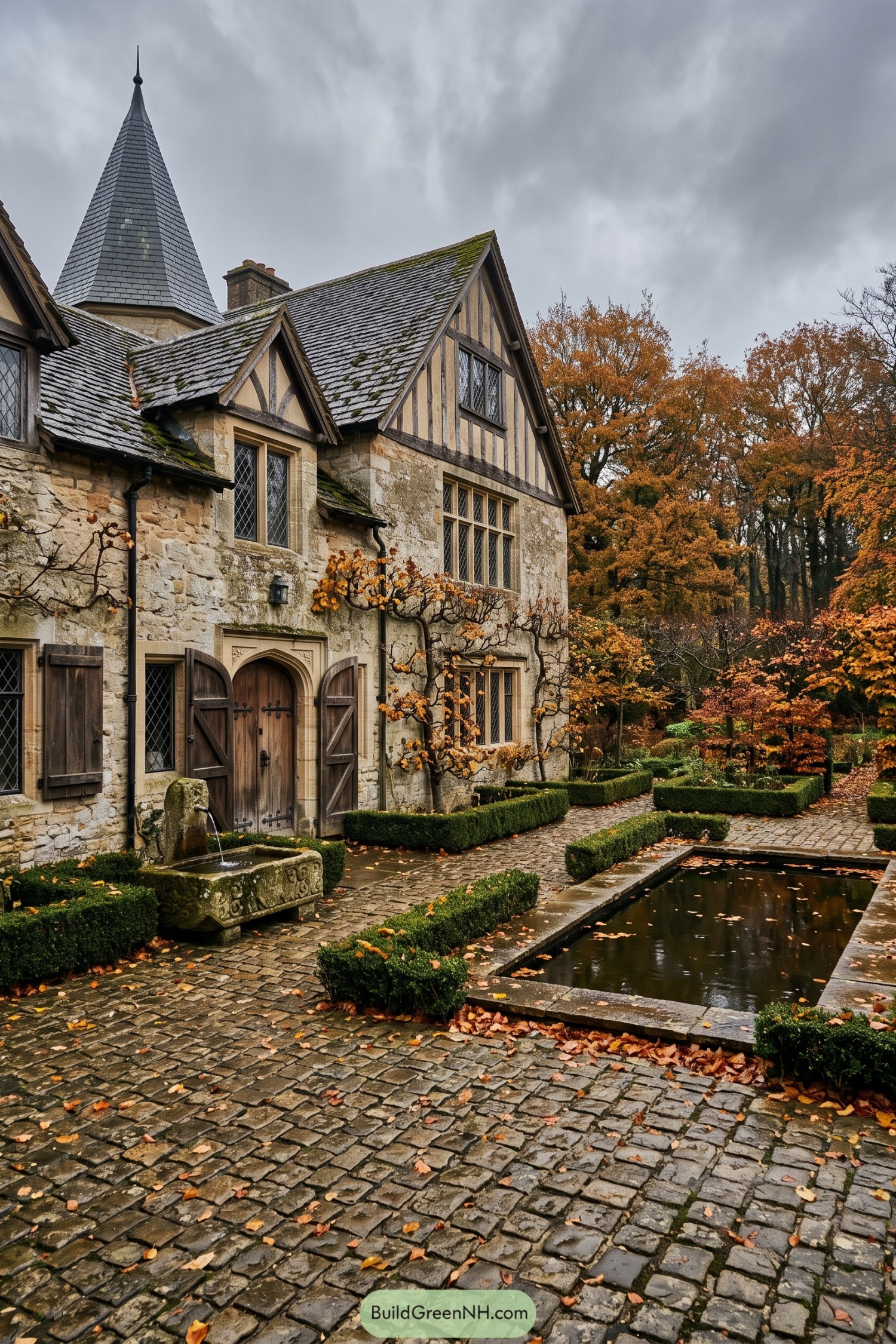 Boxwood-edged water rill beside a Tudor stone manor
