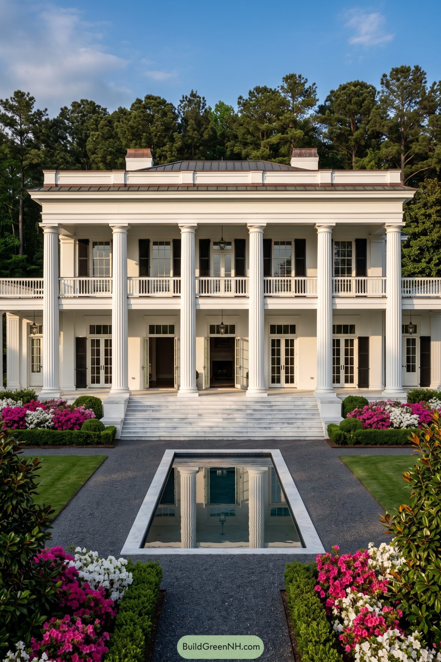 White-columned portico facing a formal reflecting pool and flowering garden beds