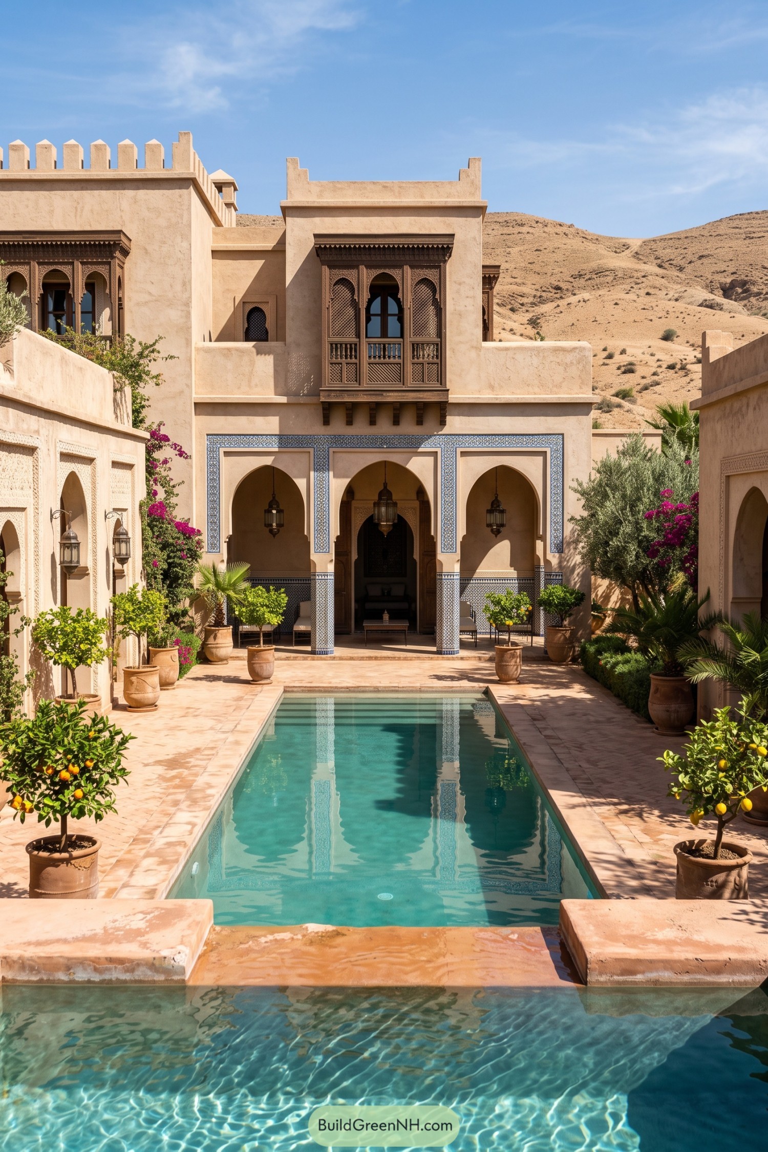 Moorish courtyard with tiled pool citrus trees and arched loggia