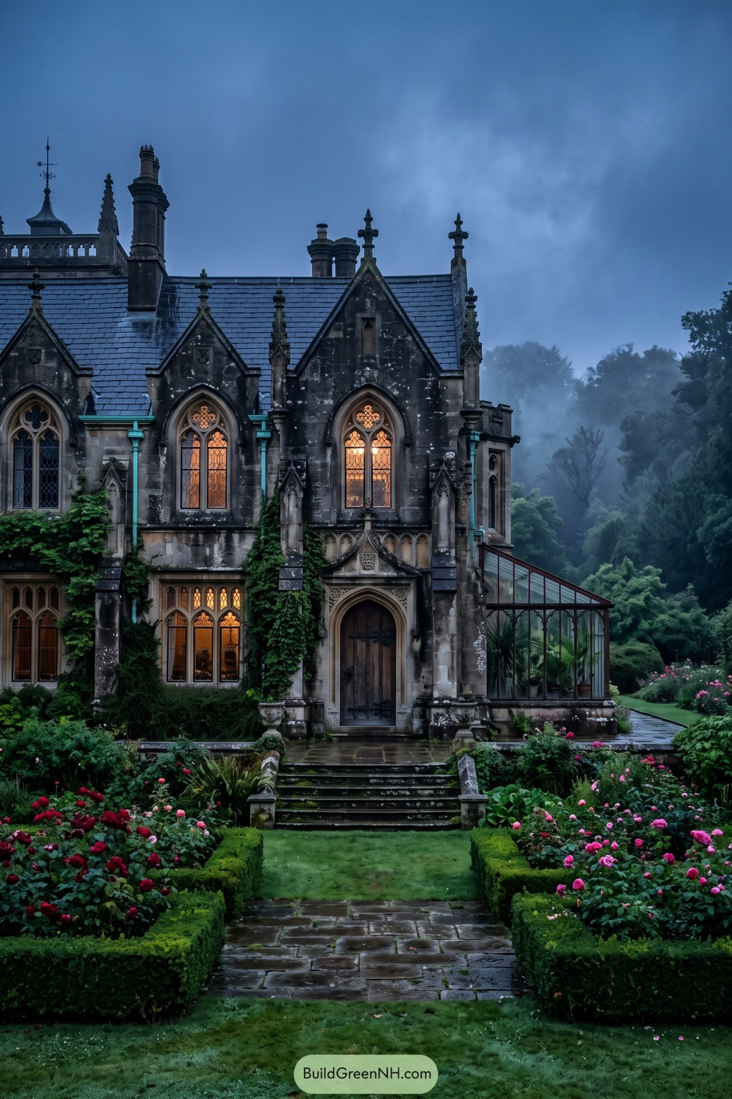 Stone Gothic manor framed by clipped hedges rose beds and a glass conservatory