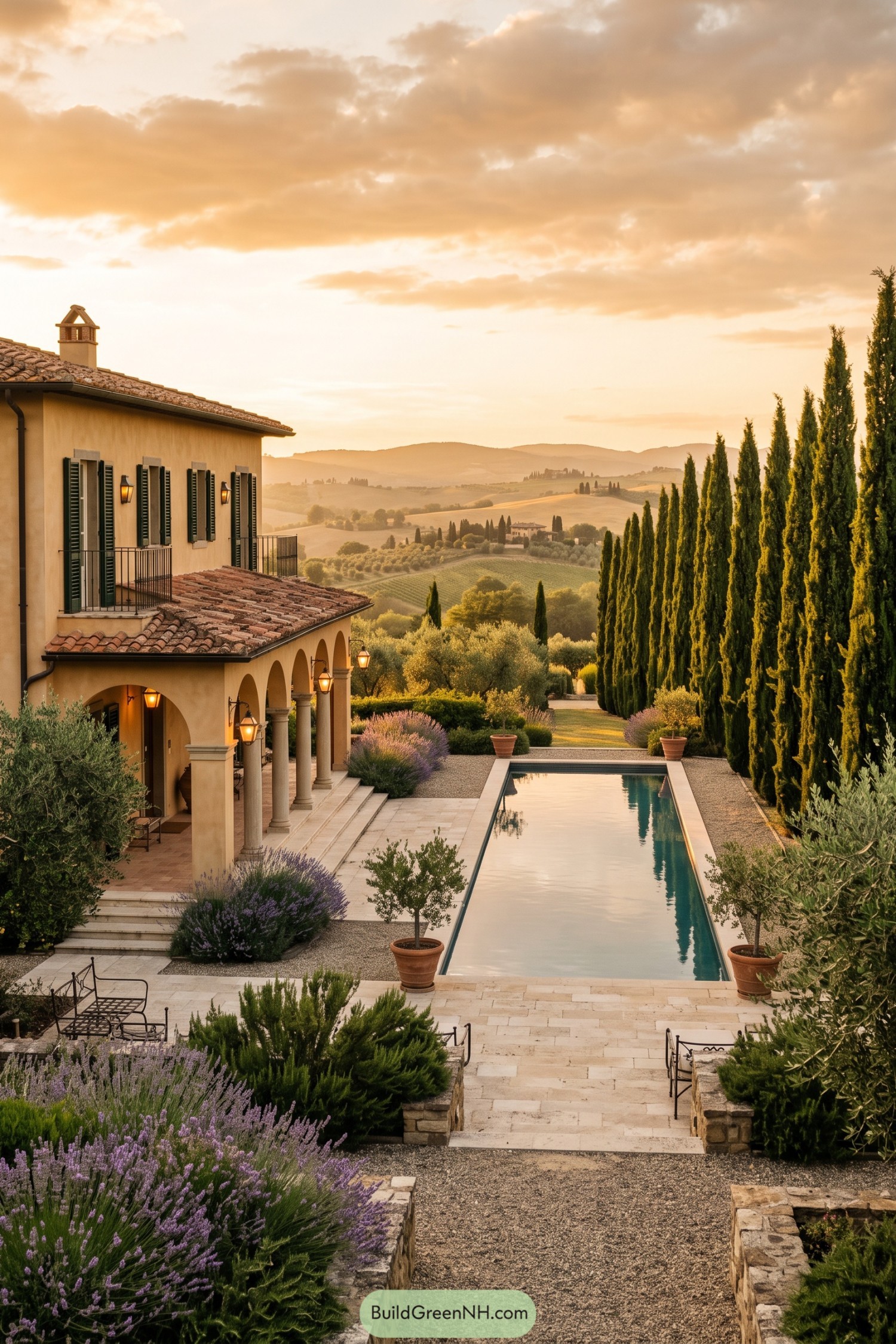 Tuscan villa garden with a long pool and cypress-lined view