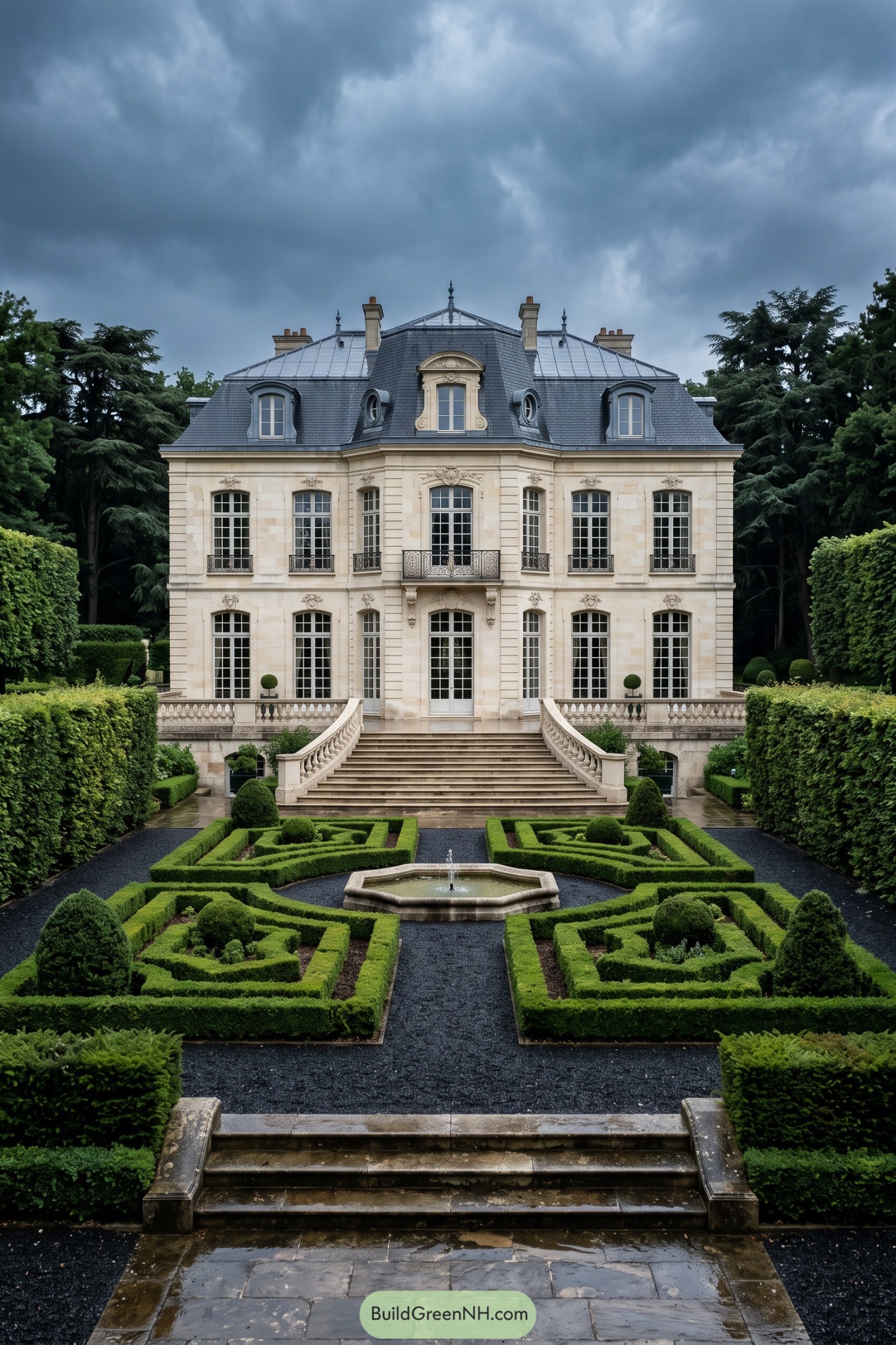 Clipped hedge parterre with central fountain before a stone mansion