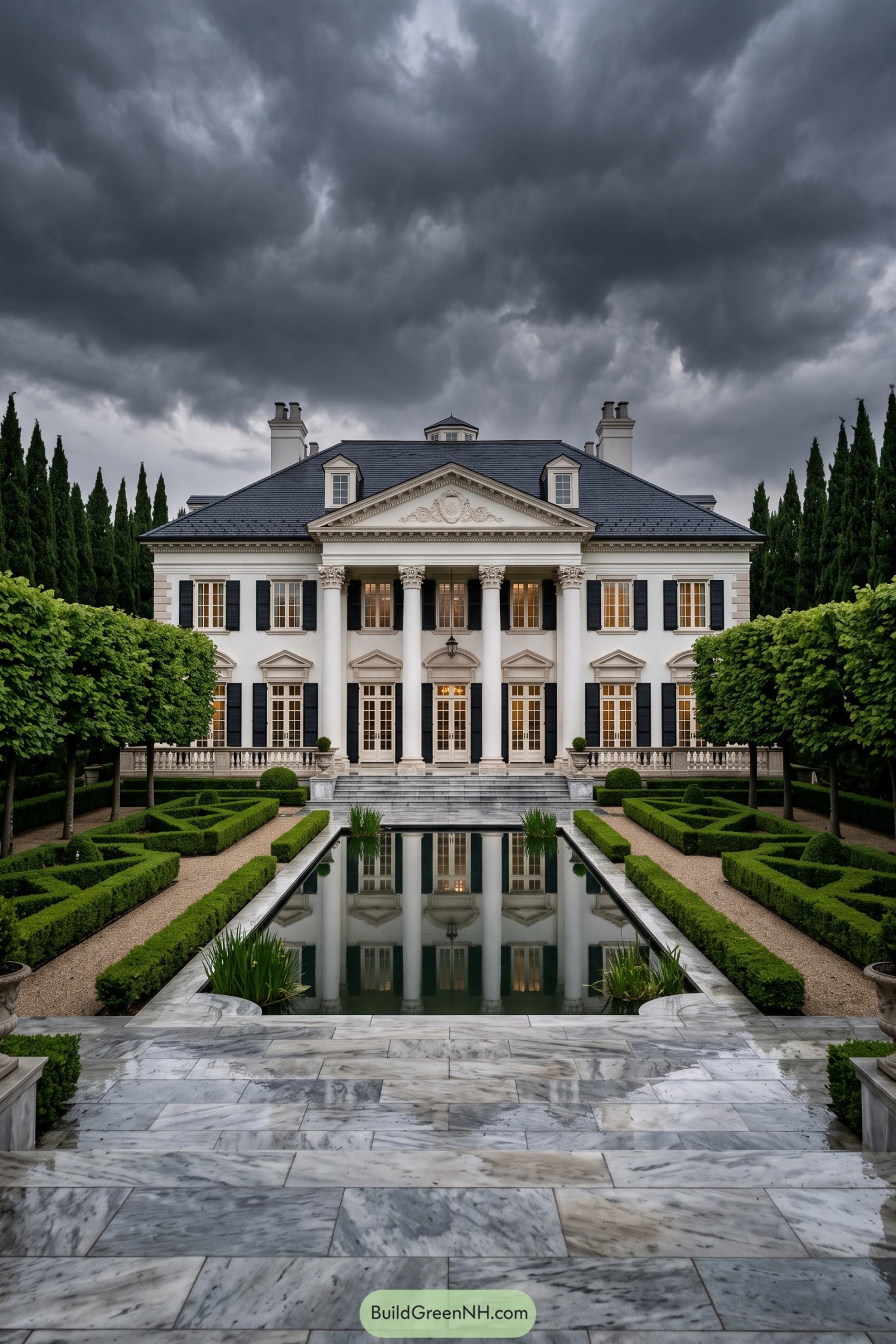 Formal marble terrace with reflecting pool and clipped hedges