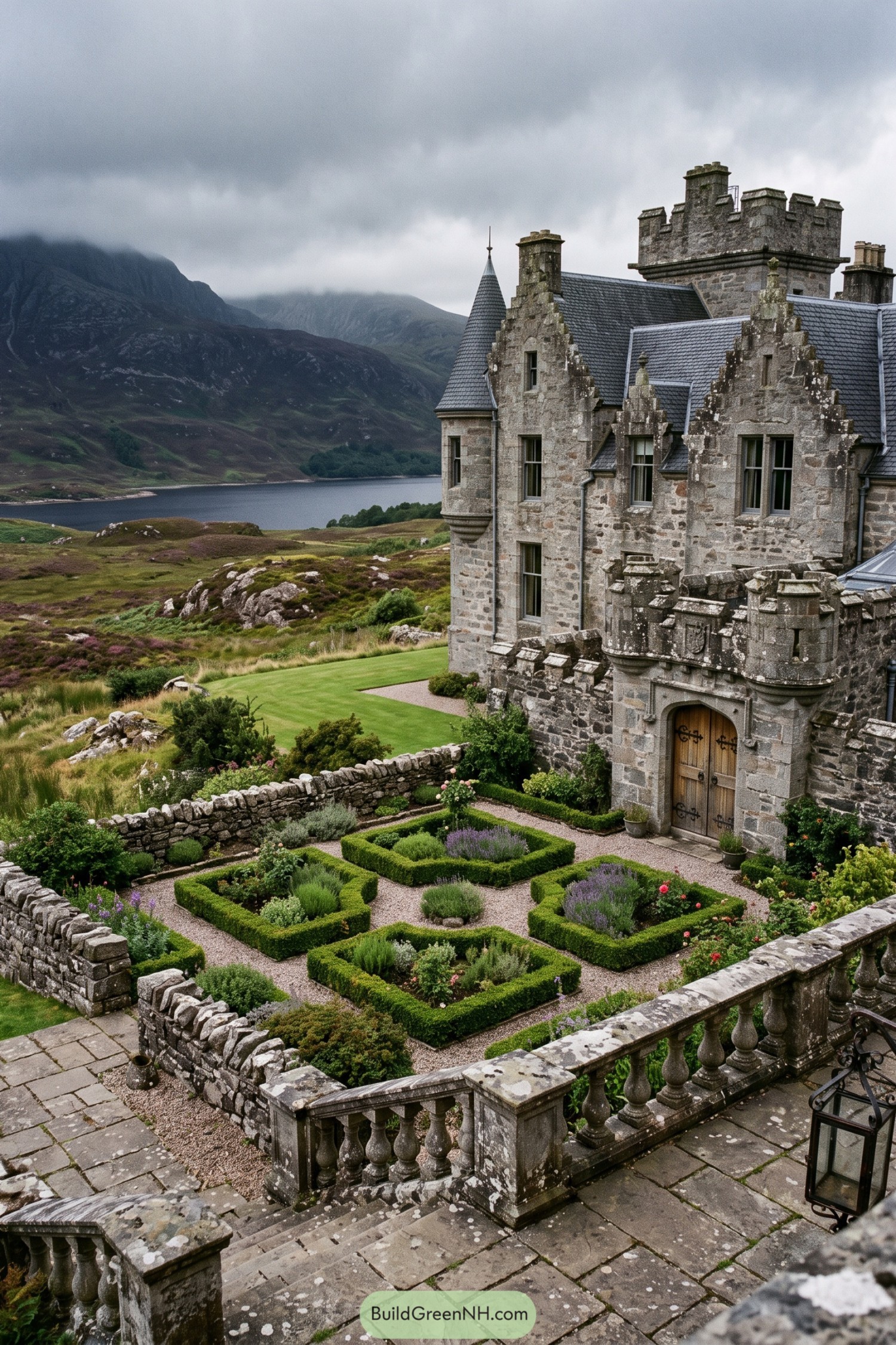 Boxwood-framed herb garden beside a Scottish stone castle