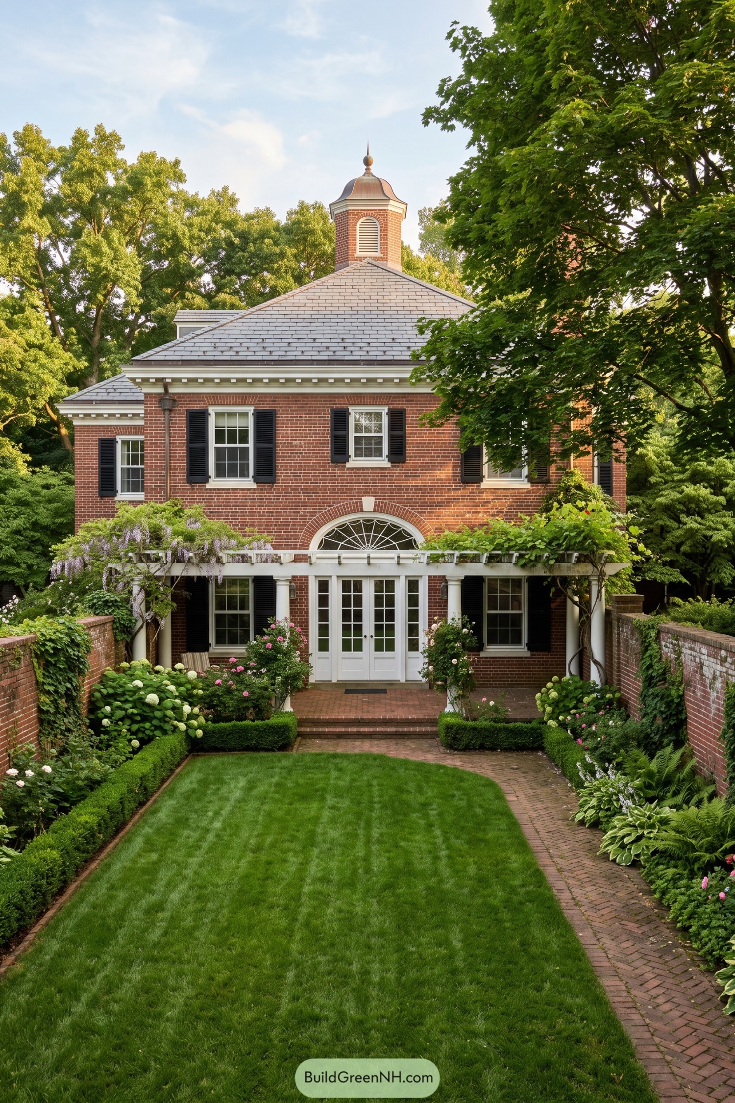 Brick courtyard garden with clipped hedges and wisteria pergola