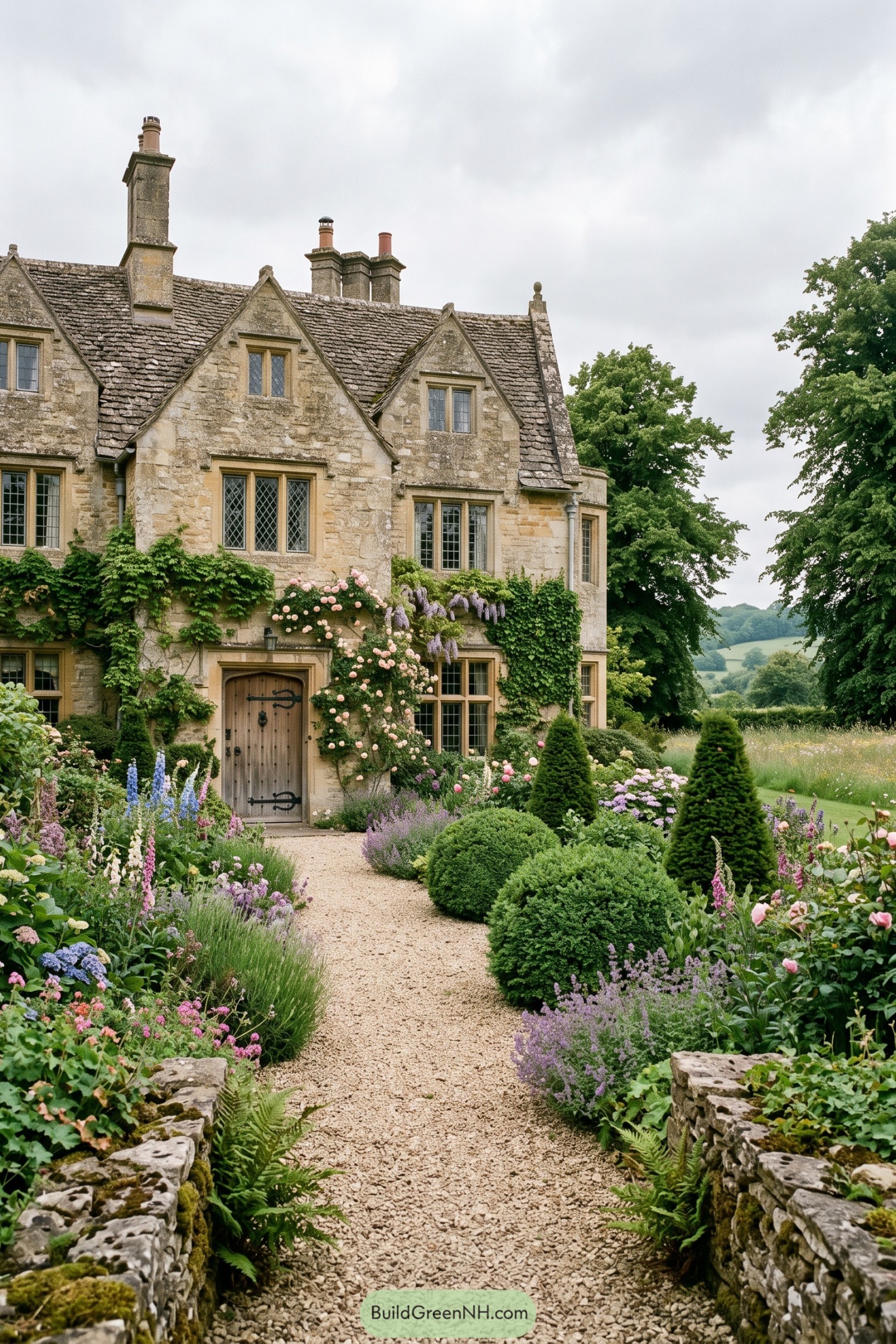 Gravel path through flowering borders beside a stone cottage