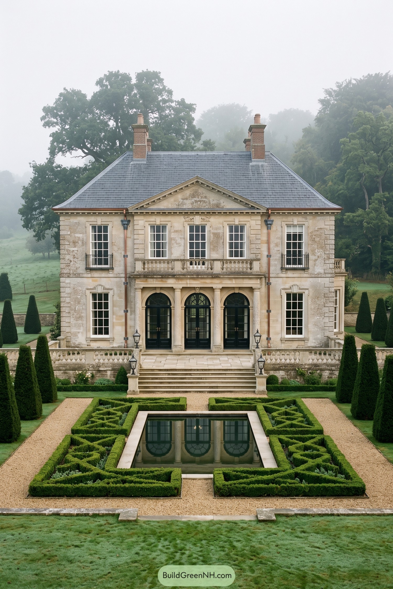 Clipped parterres frame a rectangular reflecting pool before a stone manor