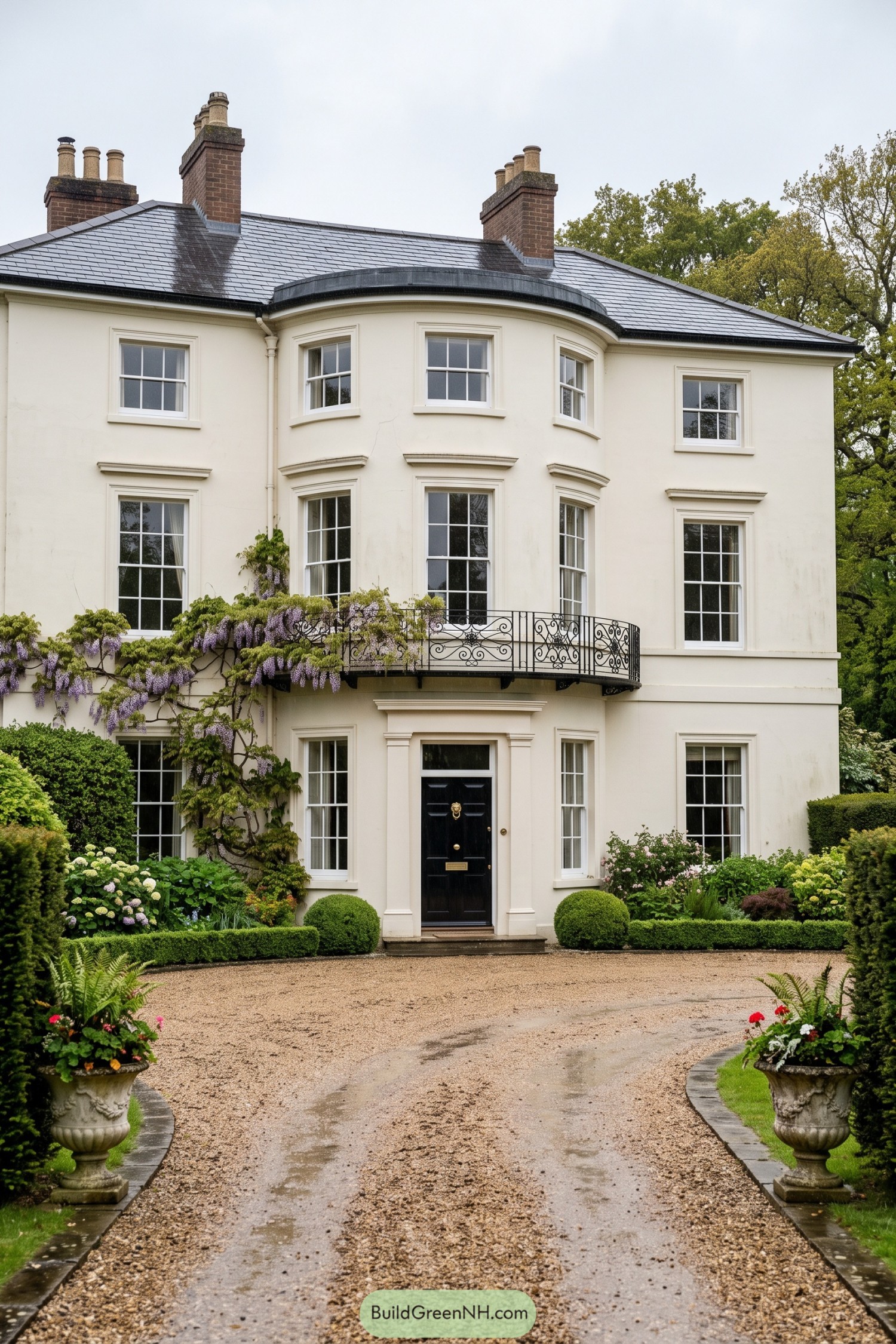 Pea gravel drive edged in stone with formal urns