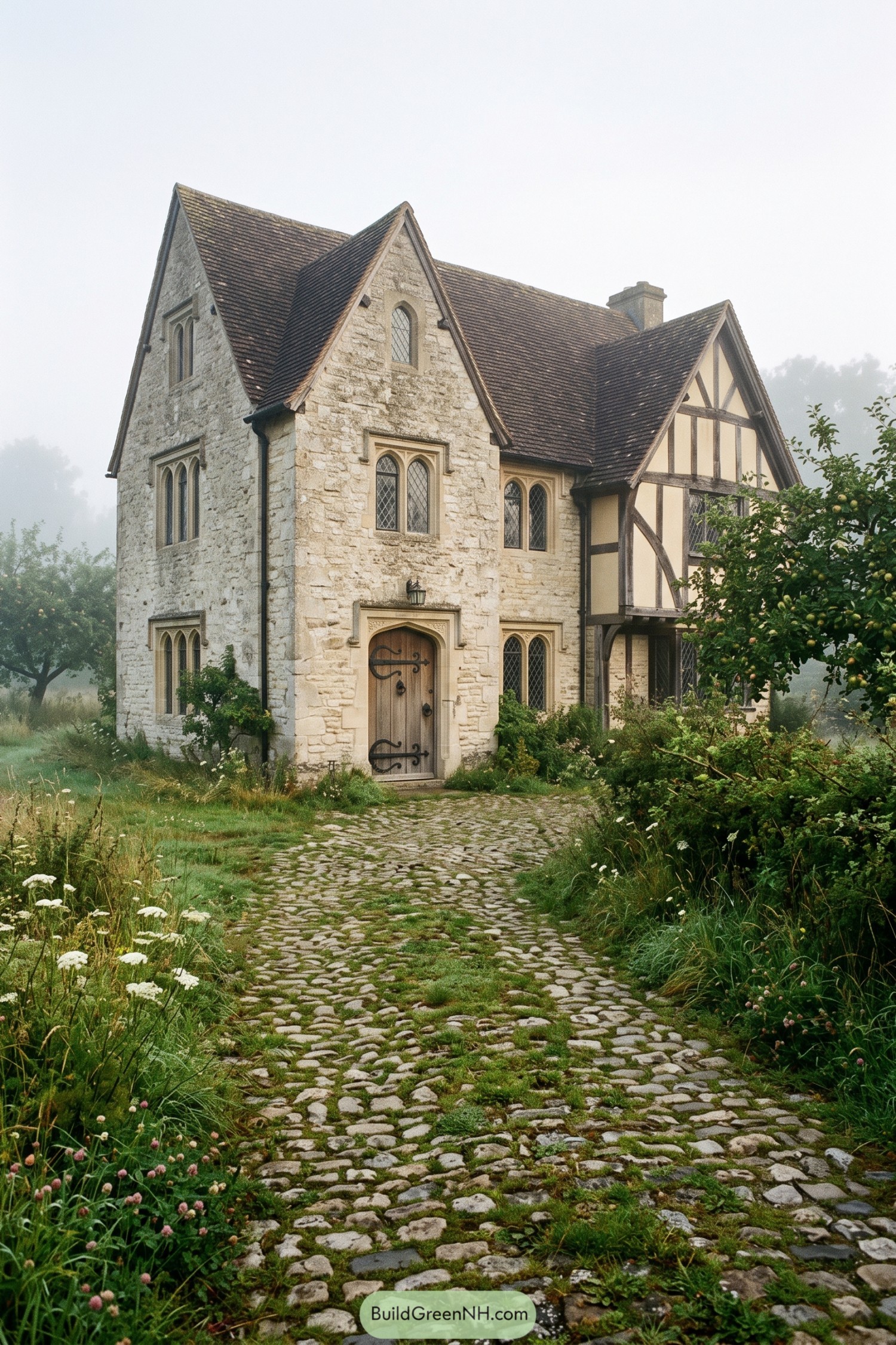 Weathered cobblestone driveway through wildflowers to a stone cottage