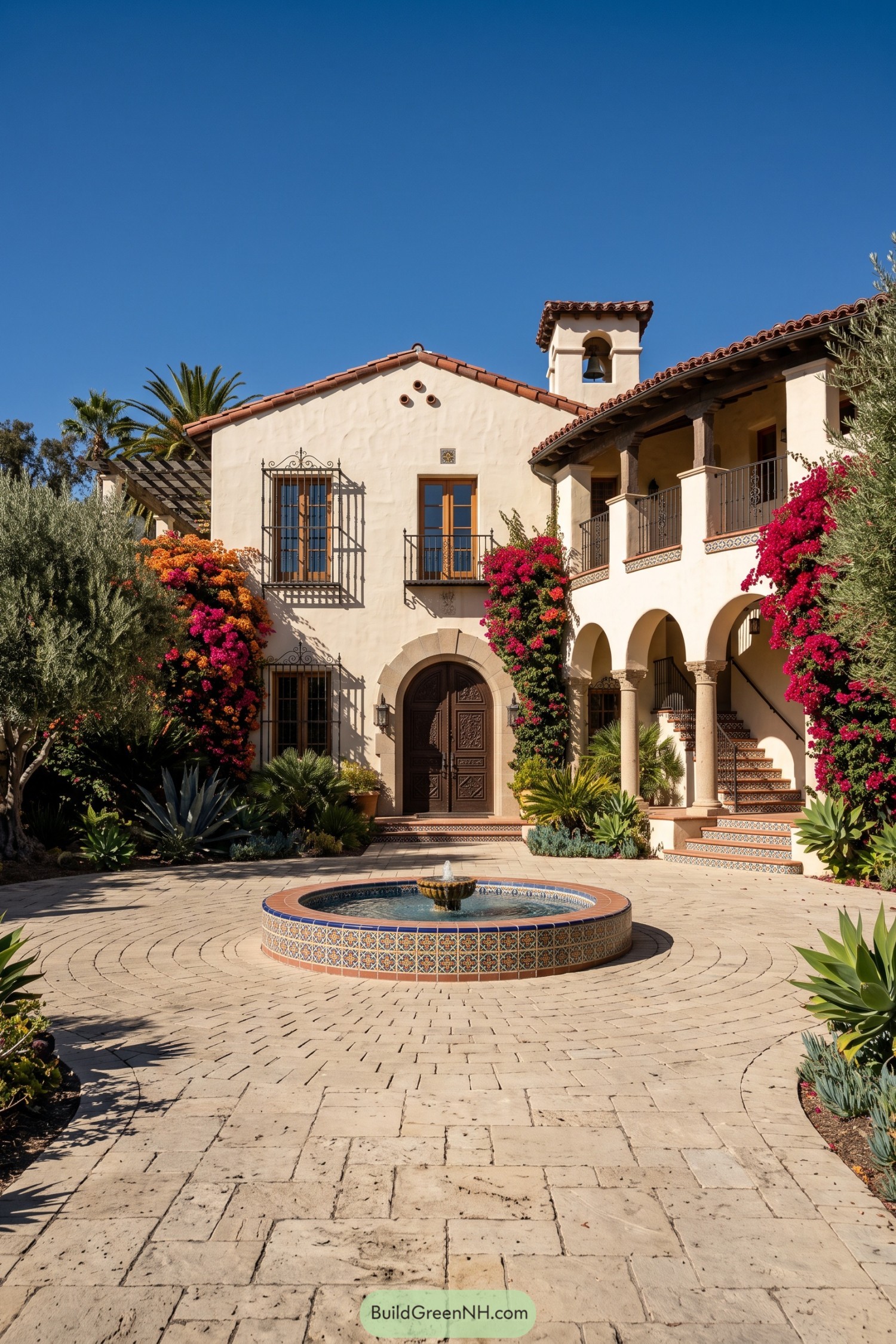 Circular stone driveway with tiled fountain at a Spanish Revival estate