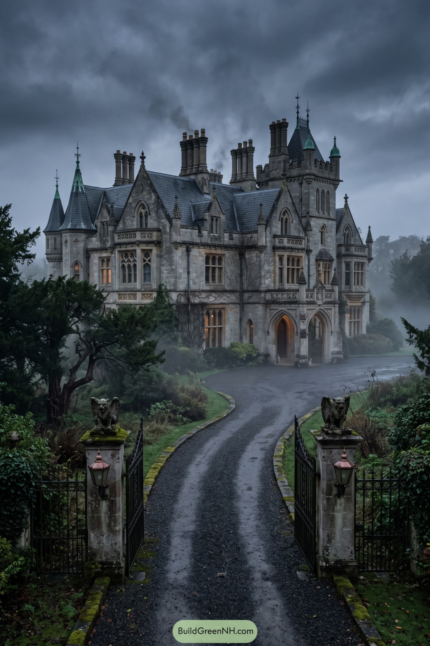 Rain-darkened drive leading through gargoyle-topped gates to a Gothic manor