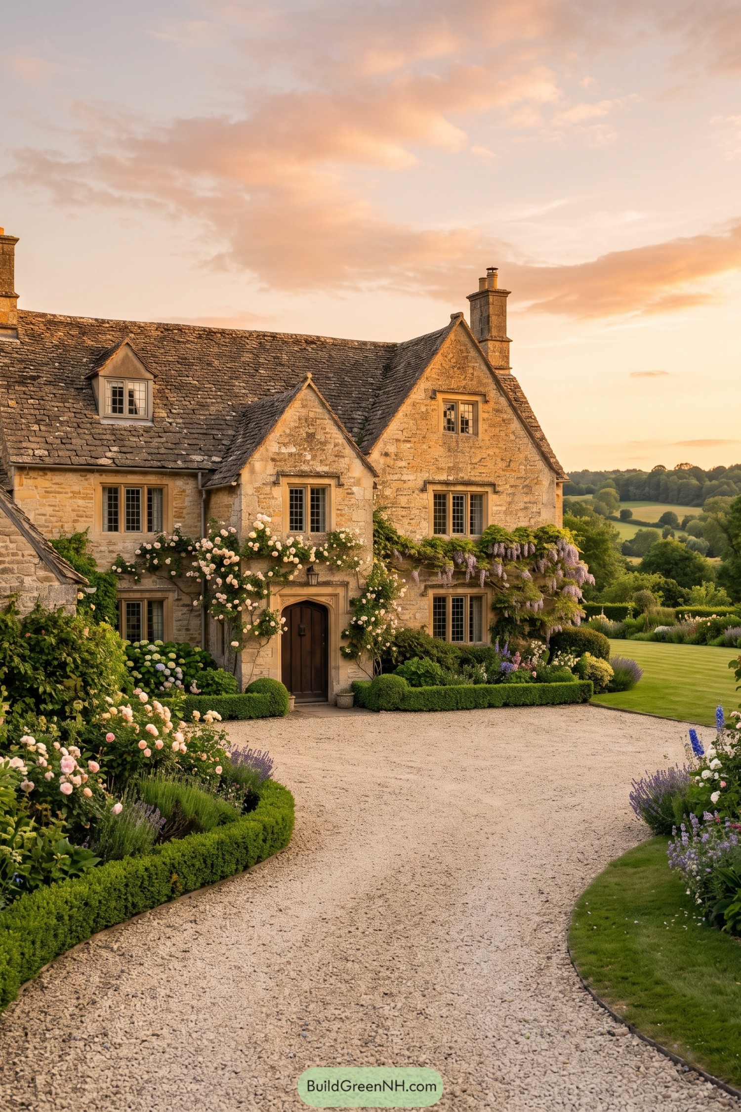 Curving pale gravel driveway bordered by roses and clipped hedges