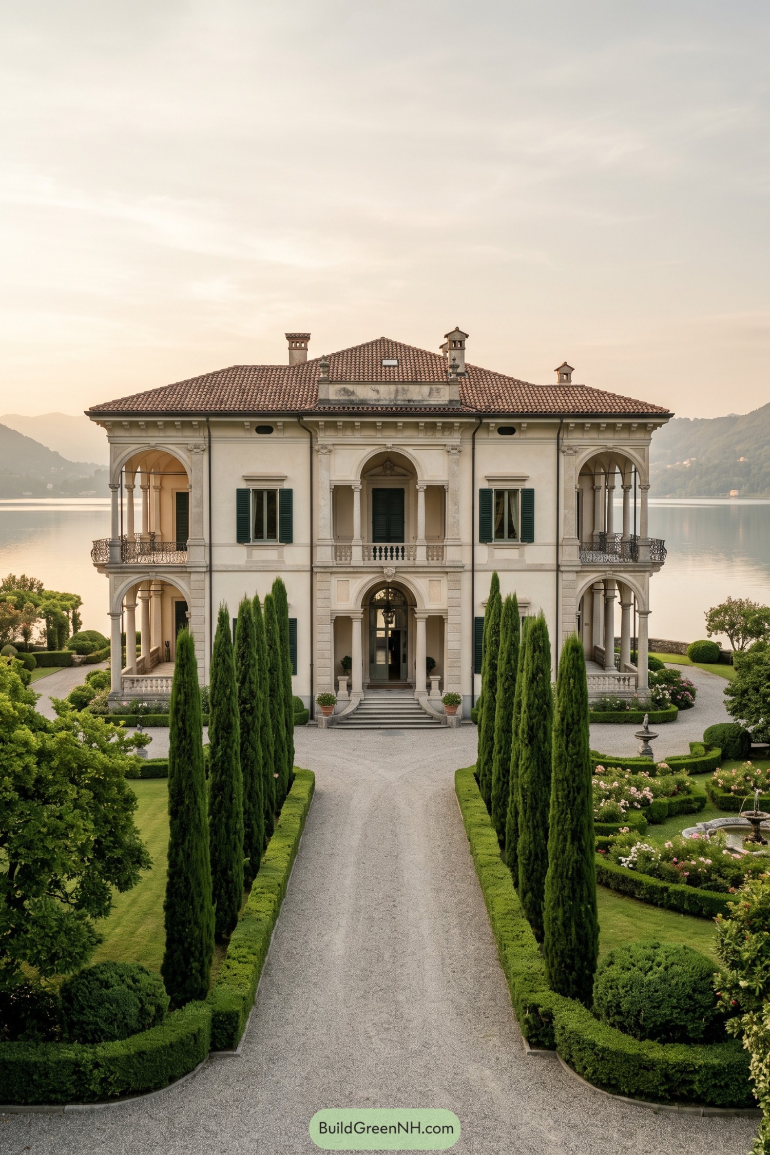Gravel driveway lined with cypress trees leading to a lakeside villa