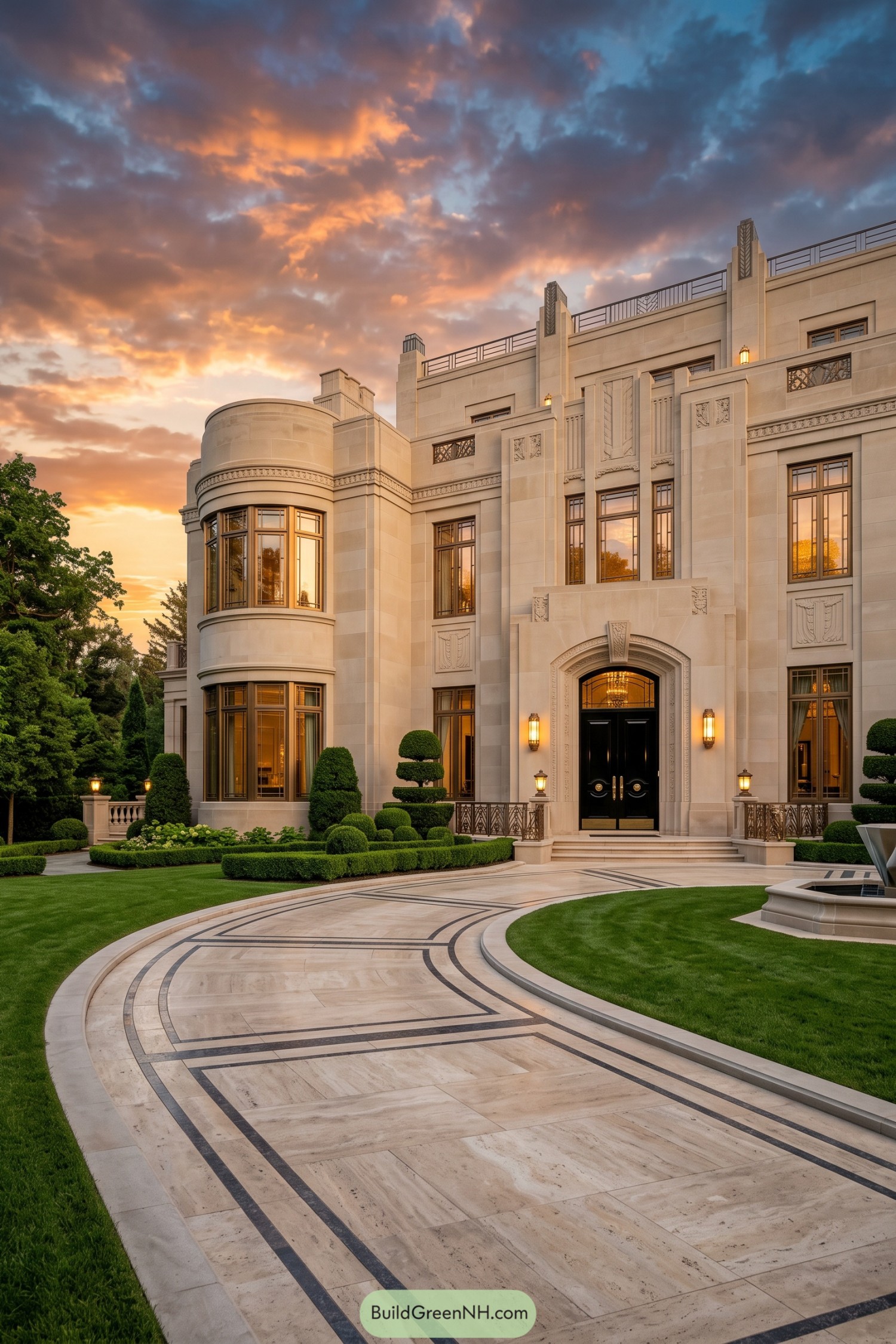 Curving limestone driveway with dark inlays at an Art Deco estate entrance