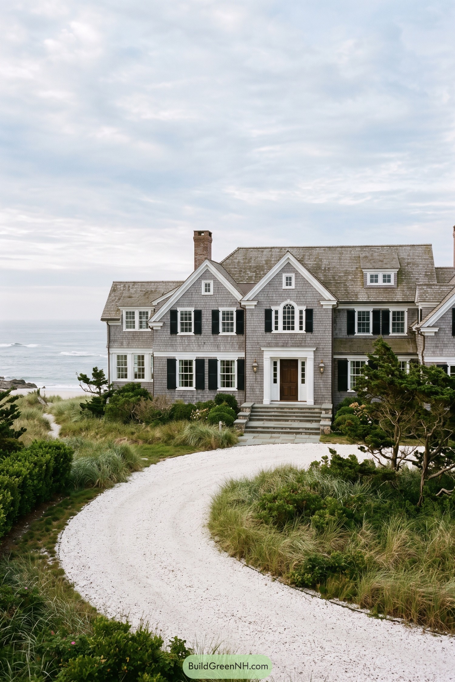 Curving white shell driveway through native dune grasses toward a coastal shingle home
