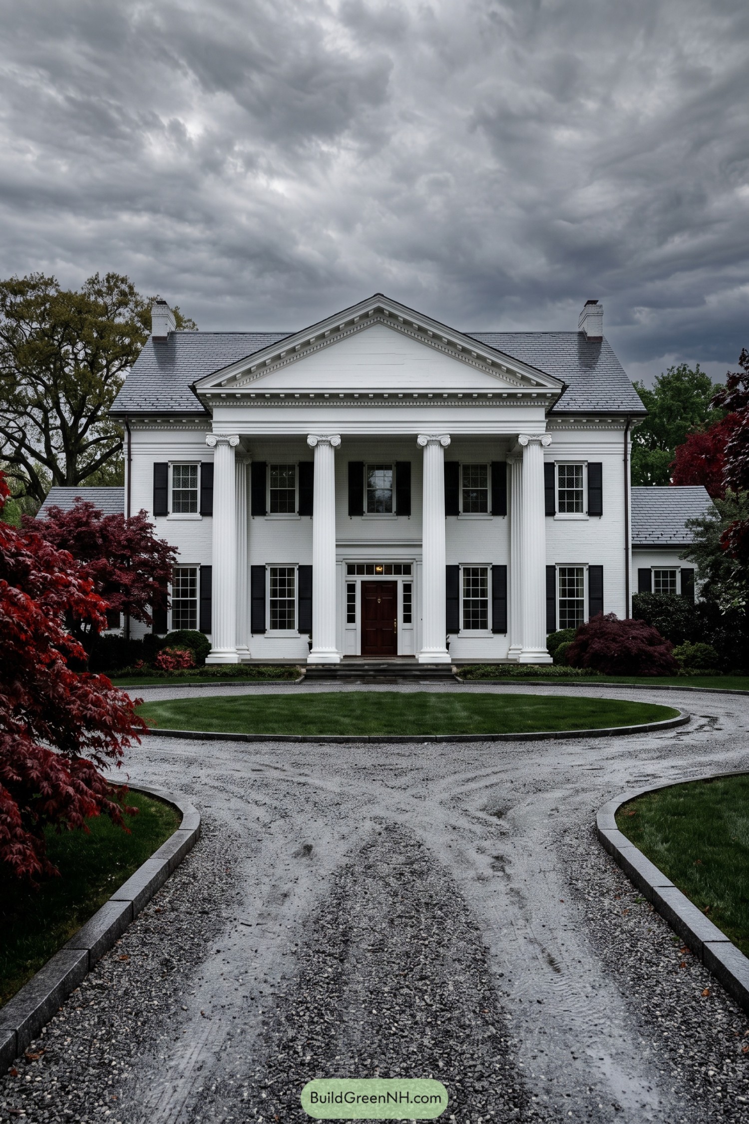 Curving gravel loop with granite curbs before a white columned manor