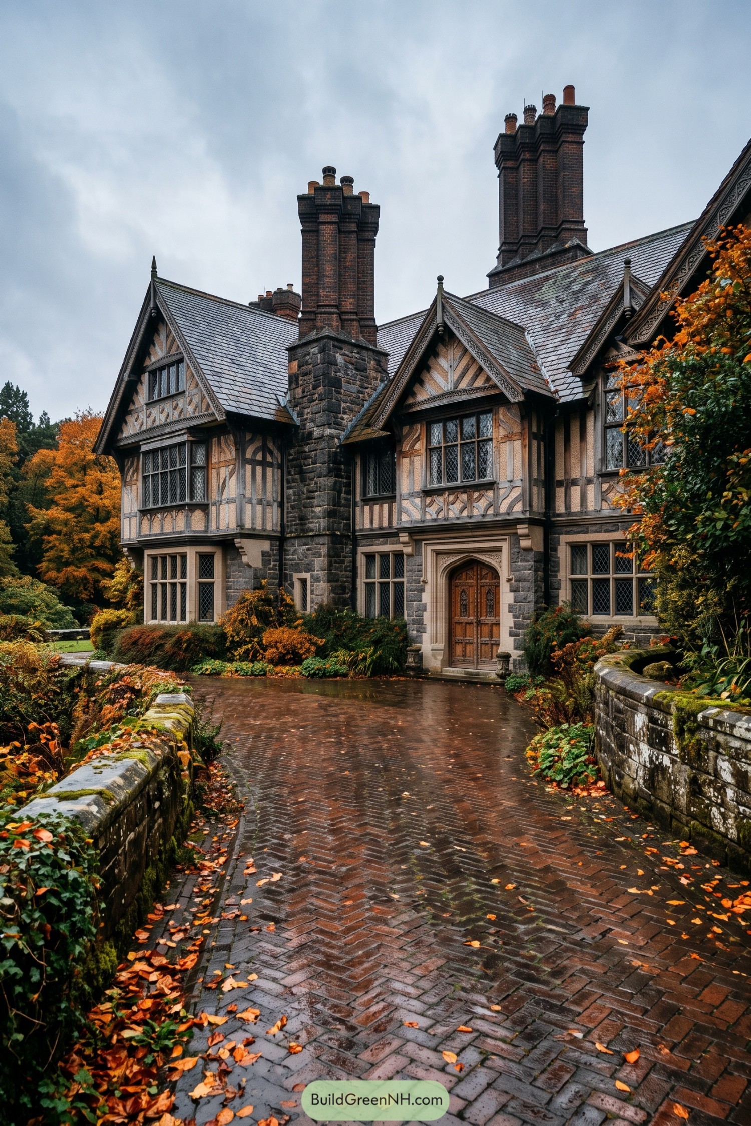 Wet herringbone brick driveway beside a Tudor estate