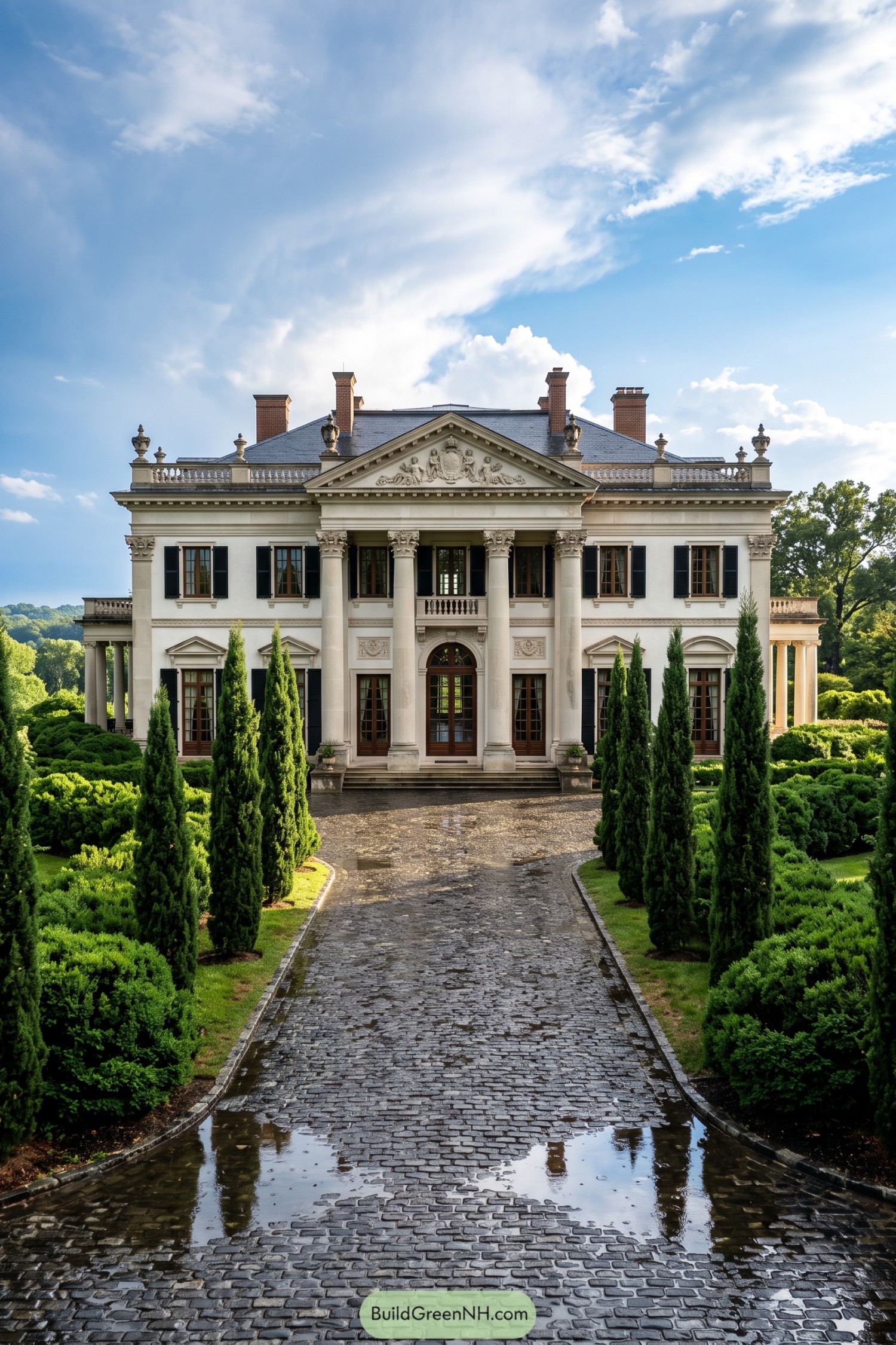 Cobblestone driveway lined with cypress and clipped hedges