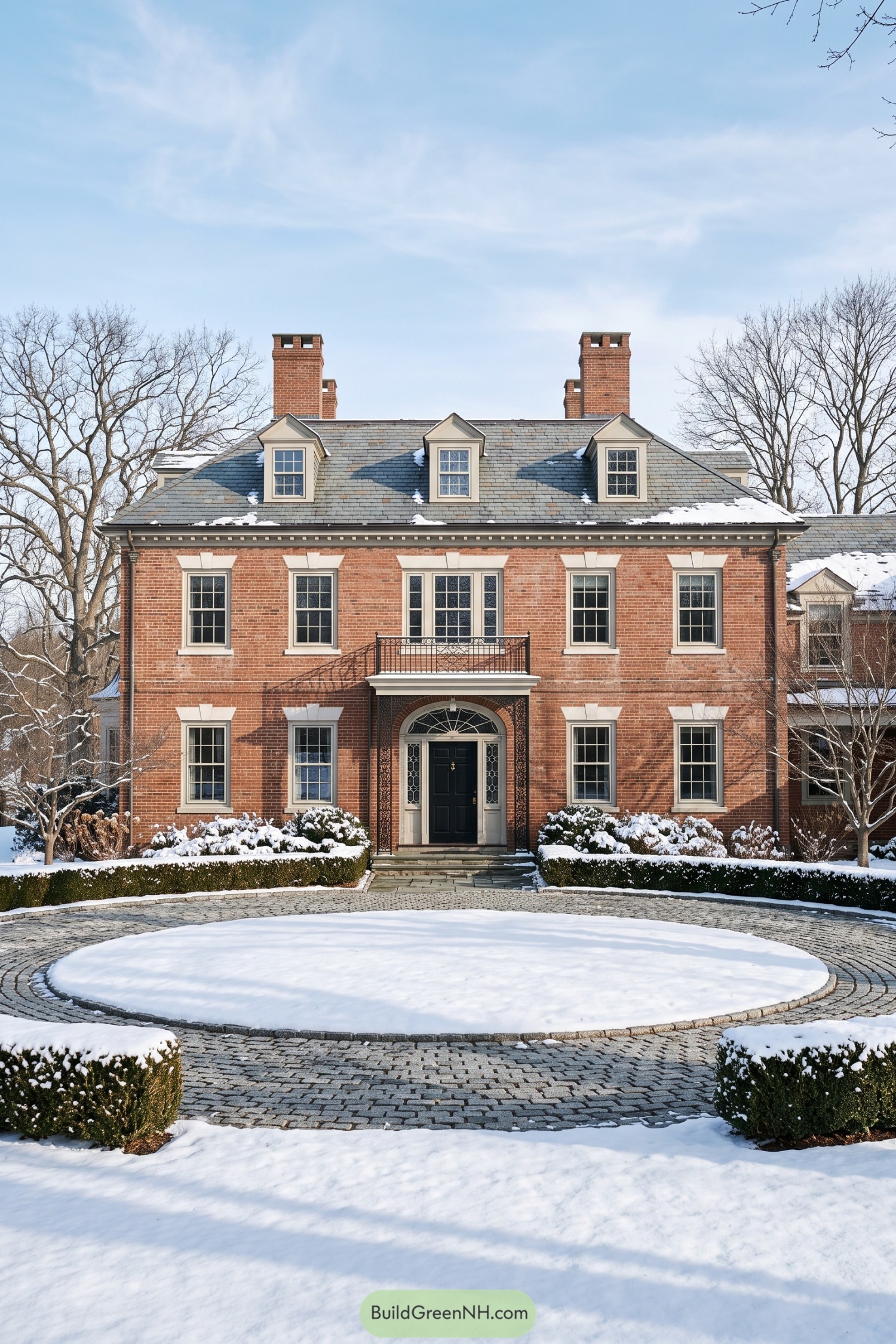 Circular cobblestone driveway with a snow-covered center island