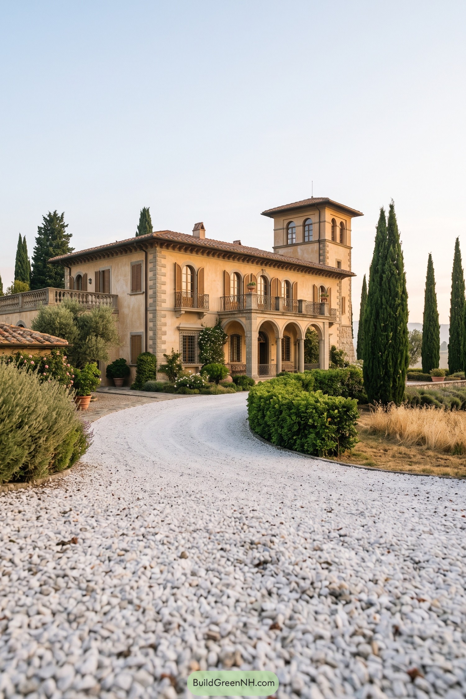 Curving white gravel driveway bordered by cypress and clipped shrubs