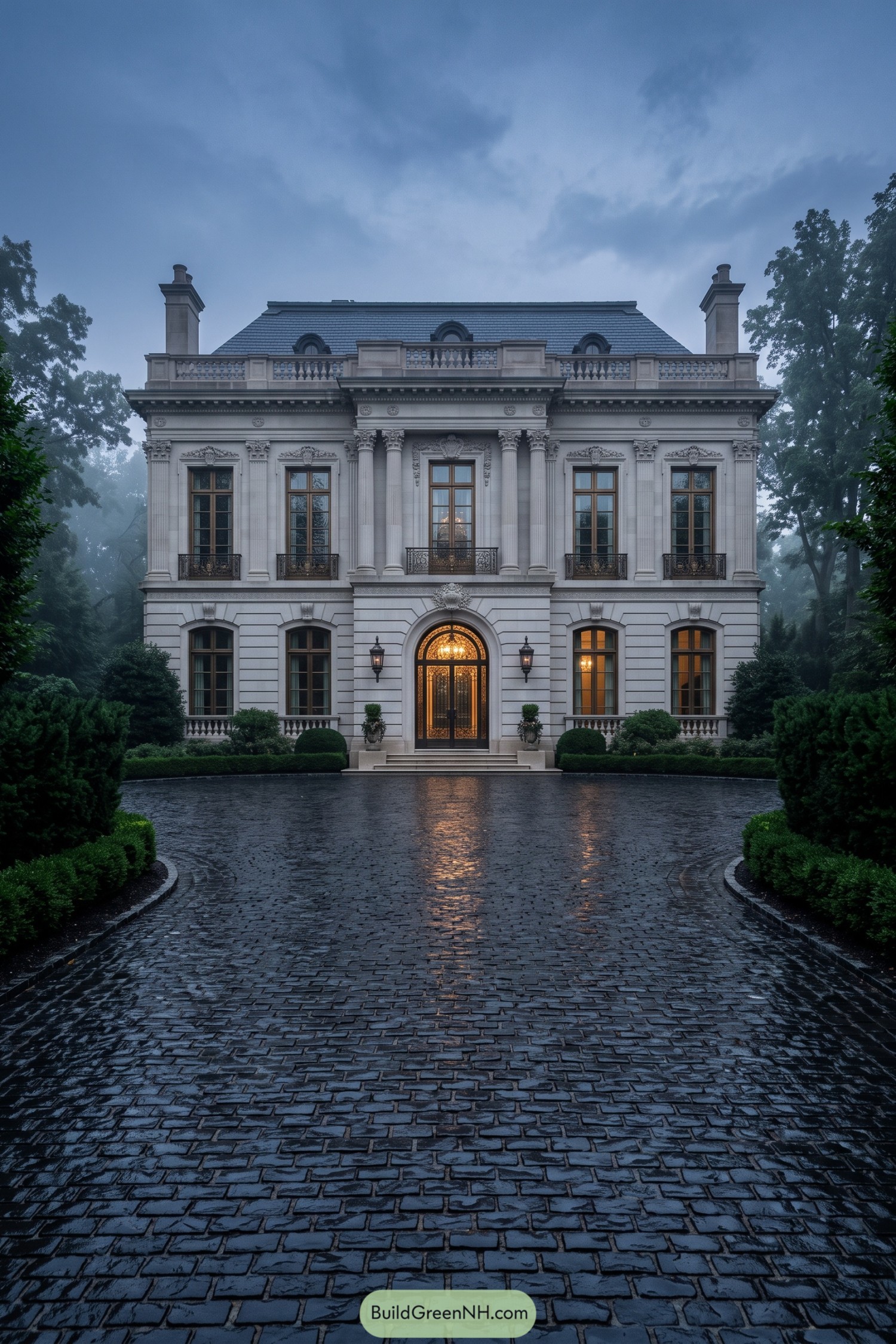 Wet cobblestone driveway curving toward a grand stone mansion