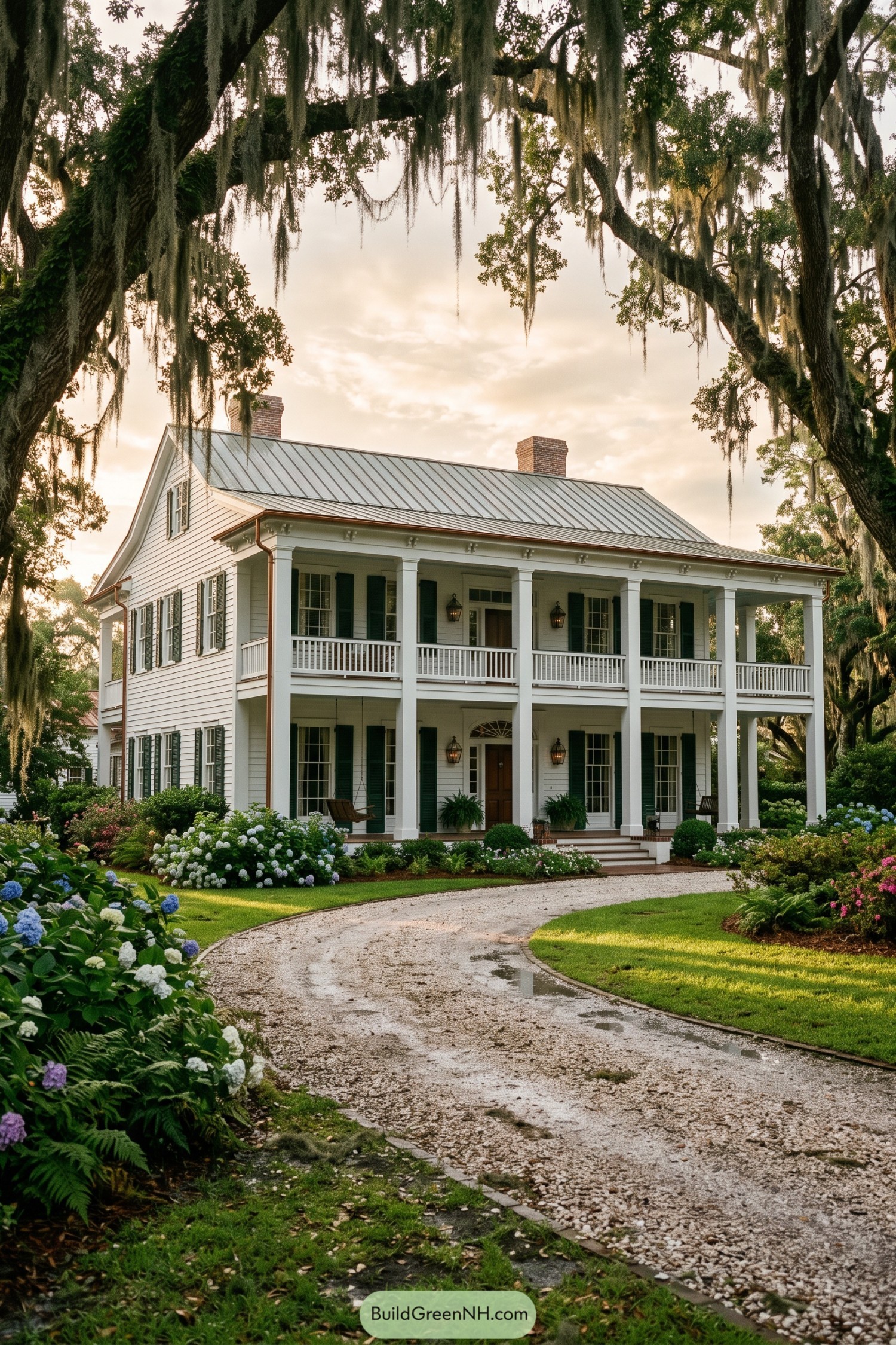 Curving shell gravel driveway beneath mossy live oaks