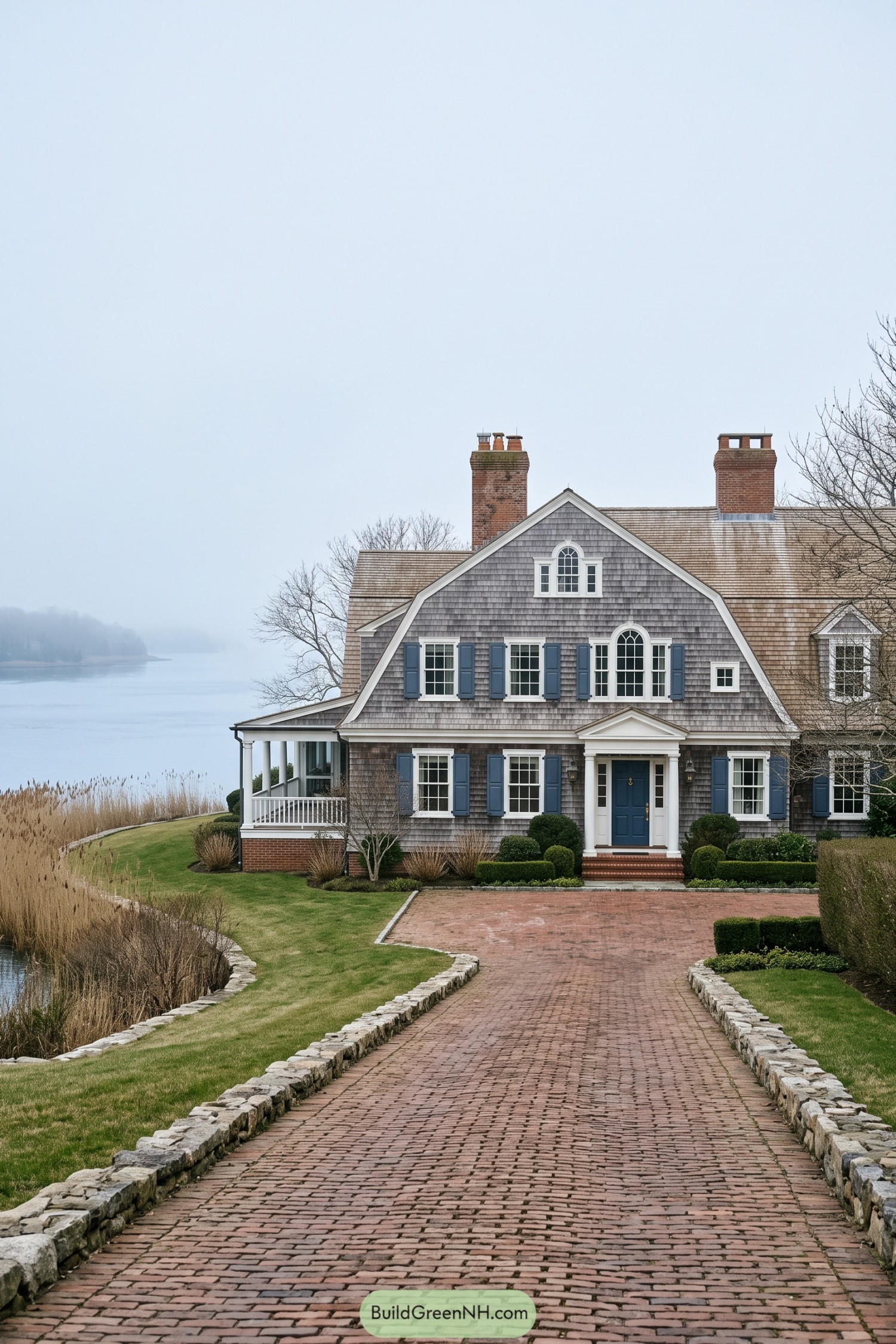 Brick driveway bordered by low fieldstone walls leading to a shingled waterfront home