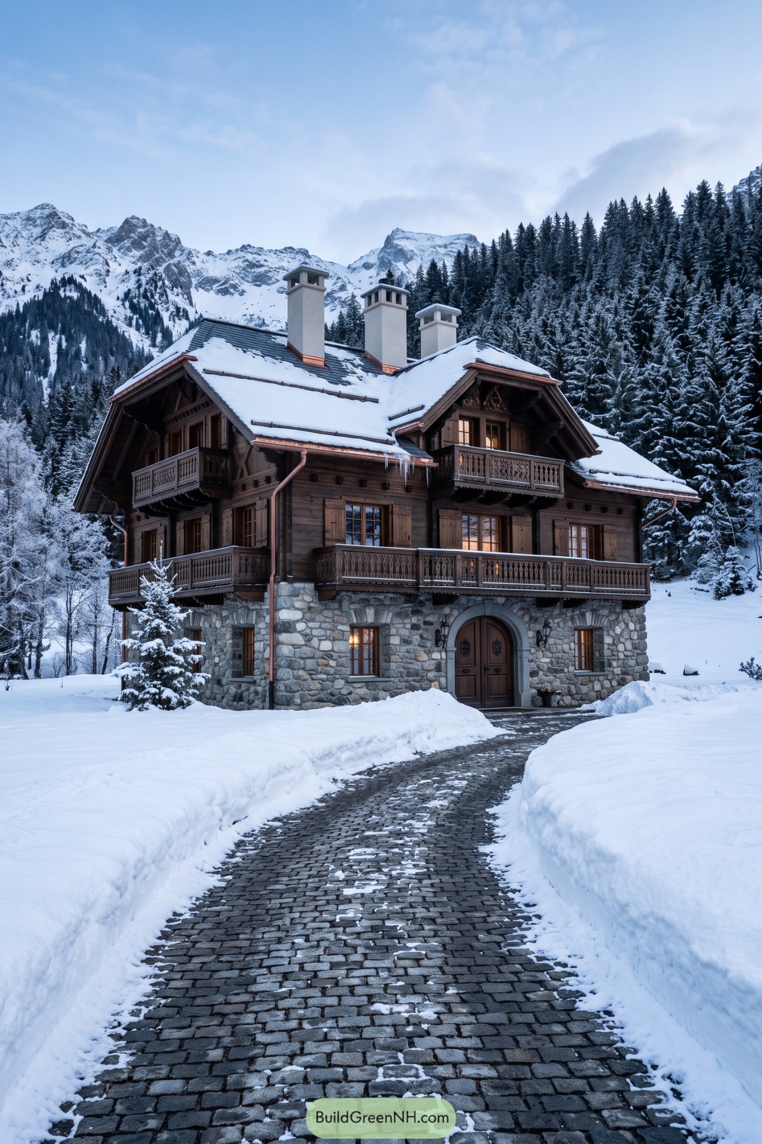 Snow-cleared paver driveway leading to a timber chalet