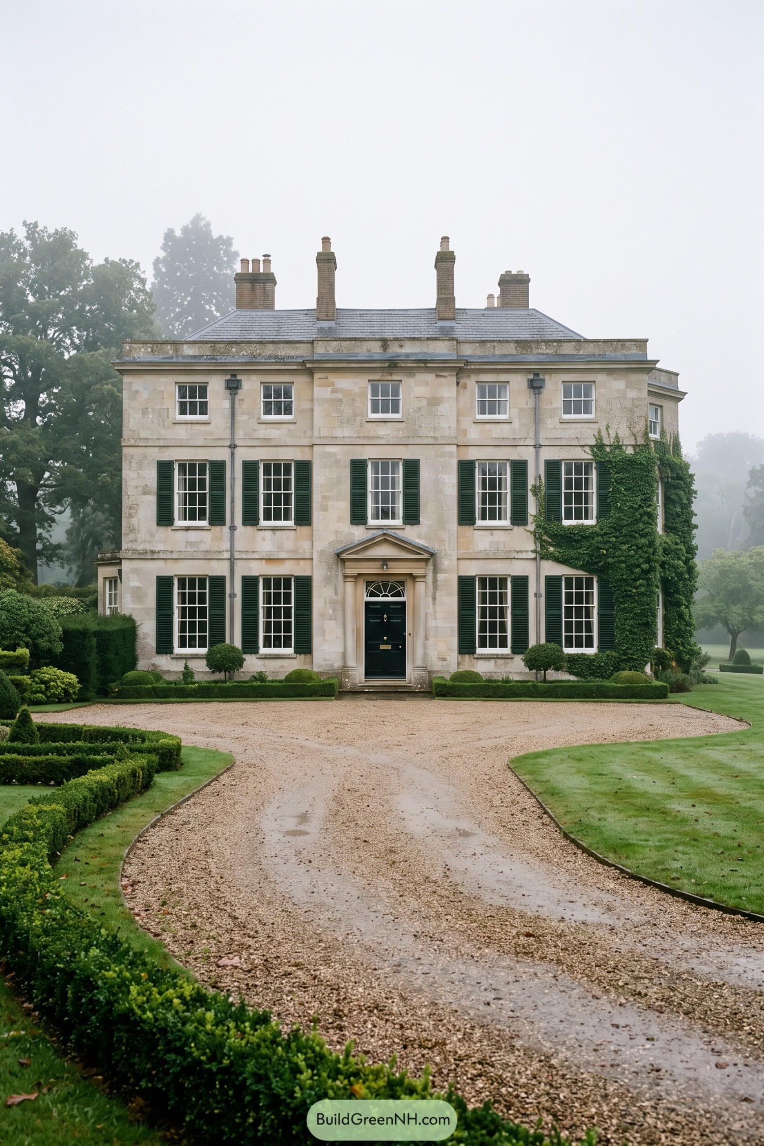 Curving gravel driveway before a Georgian stone manor framed by boxwood hedges