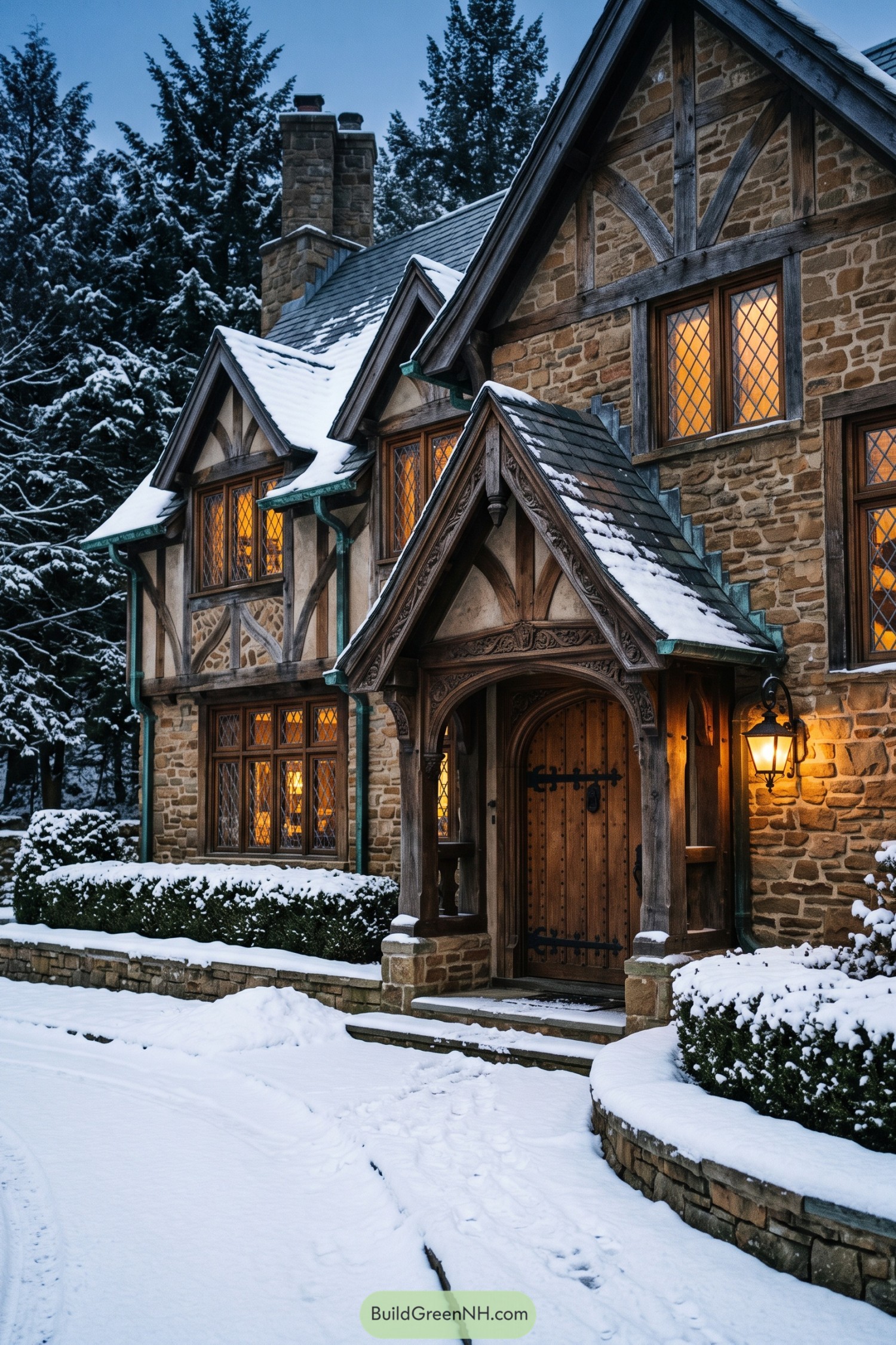 Snowy Tudor entrance with carved timber porch and stone walls